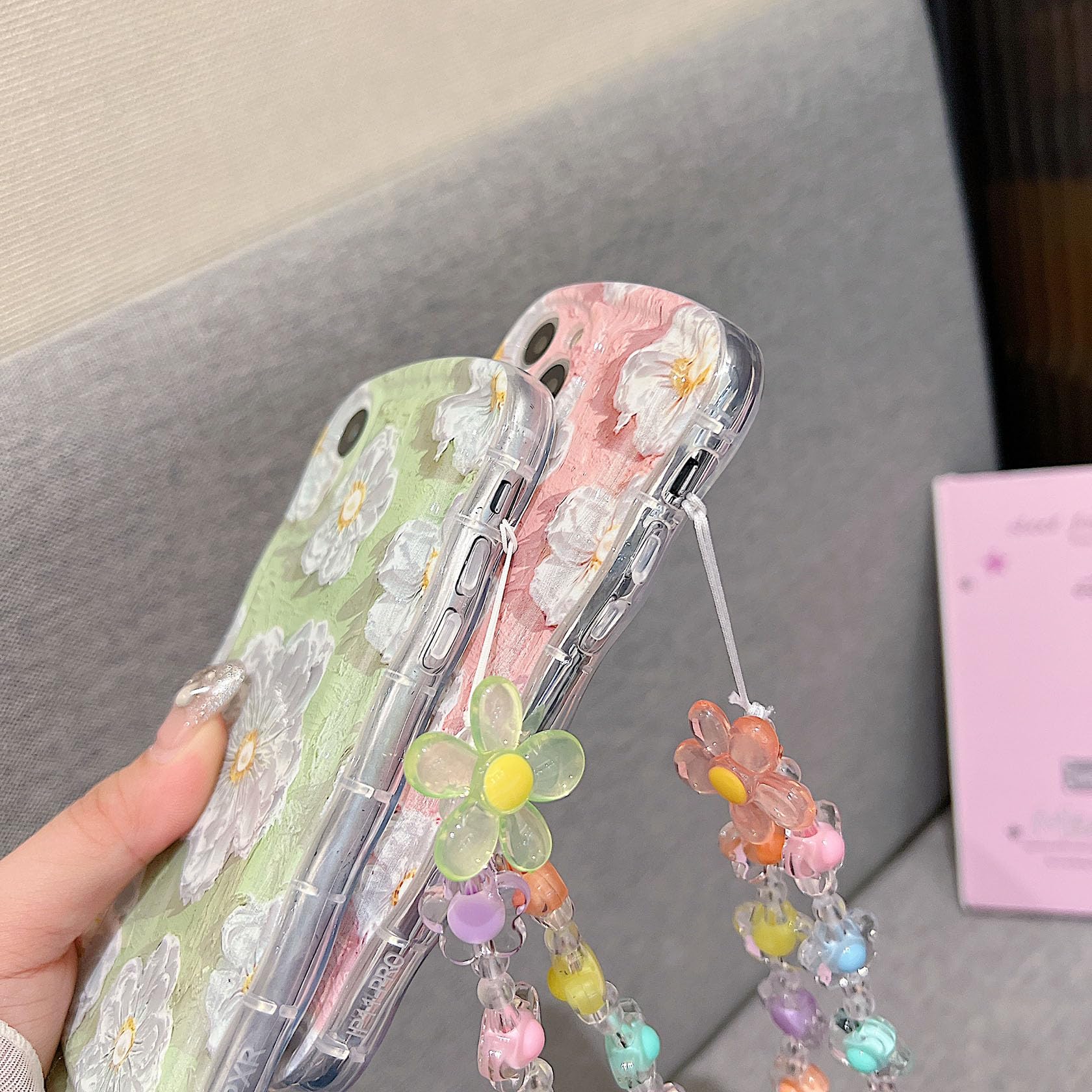 For Iphone 11 Pro Curly Wavy Case, Cute Colorful Retro Oil Painting Flower Glossy Pattern [With Bead Chain], Slim Fit Shockproof