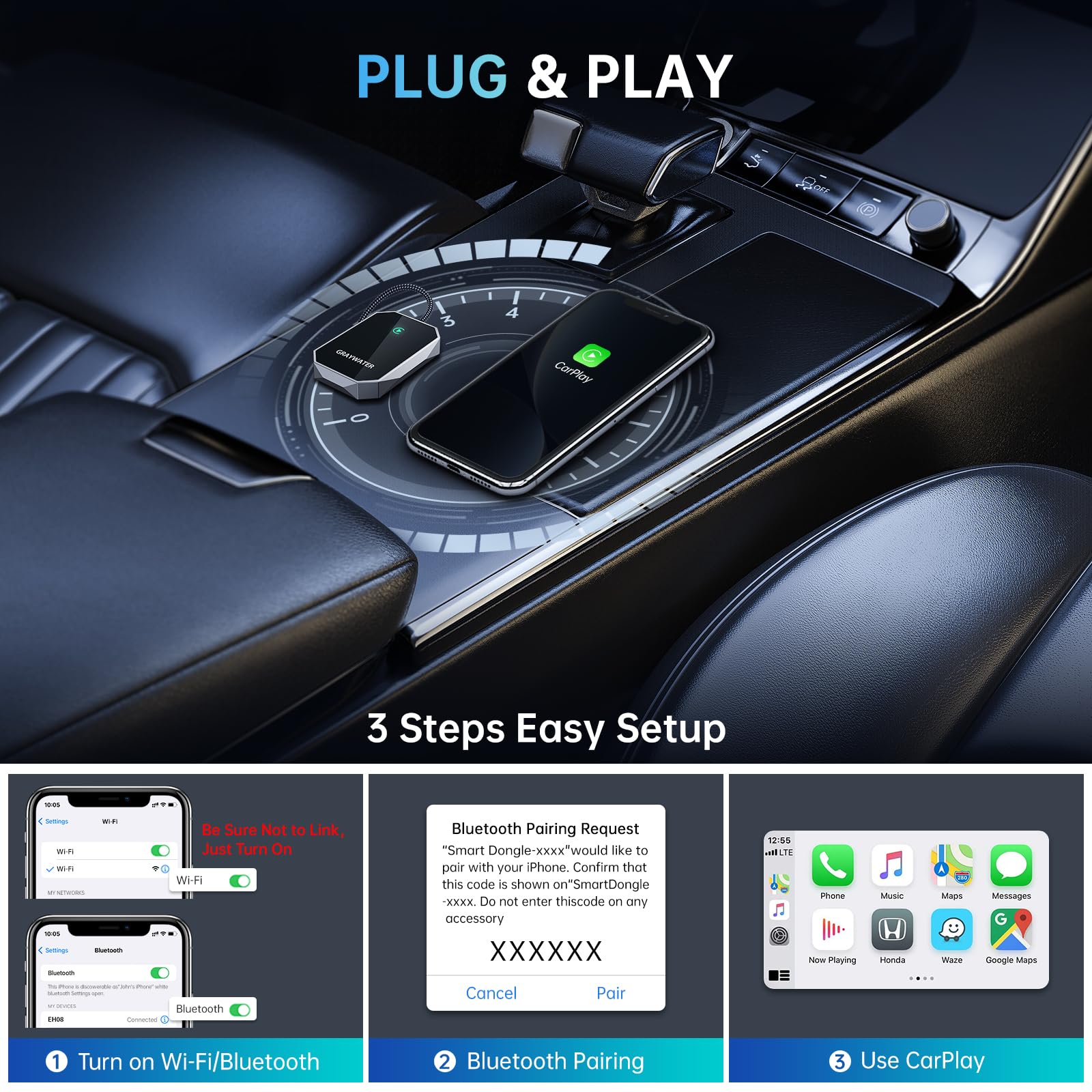 Graywater Wireless Carplay Adapter, Convert Oem Wired To Wireless Car Play Dongle Fit For Cars 2015+ & For Apple Iphone Ios 10+,