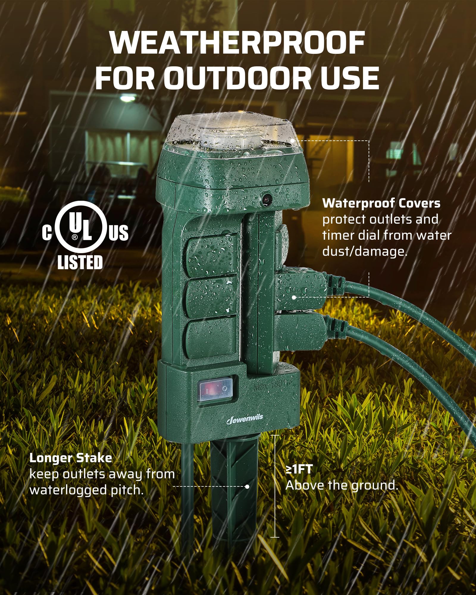 Dewenwils Outdoor Mechanical Power Stake Timer, Waterproof, 6 Grounded Outlets(3 180Rotatable), 6Ft Cord, Yard Stake Outdoor Tim