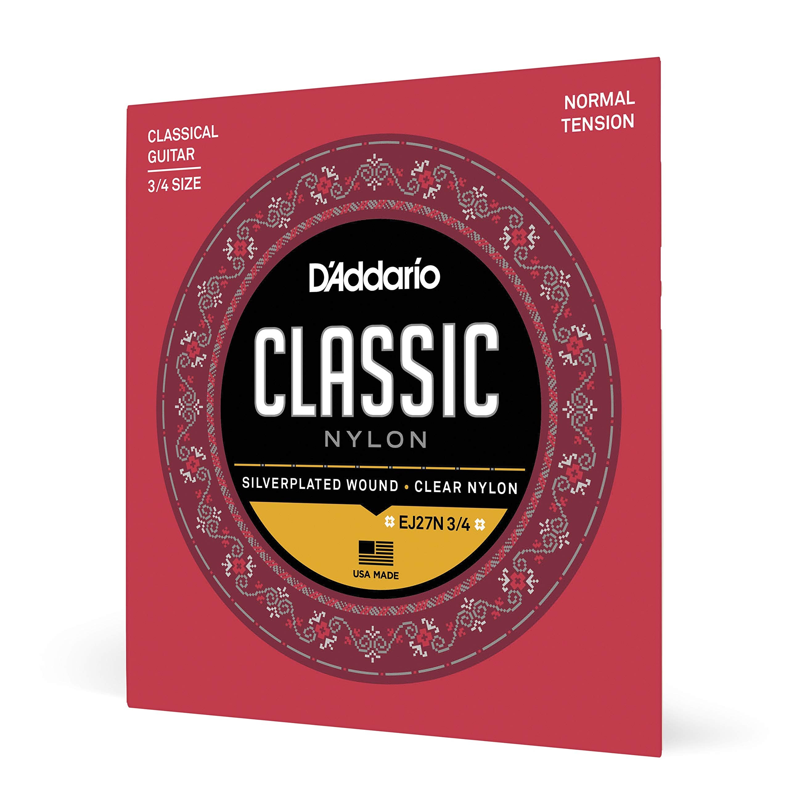 DAddario Student Nylon Classical Guitar Strings, EJ27N, Normal Tension, 3/4 Scale, 6-String Set, Pack of 1