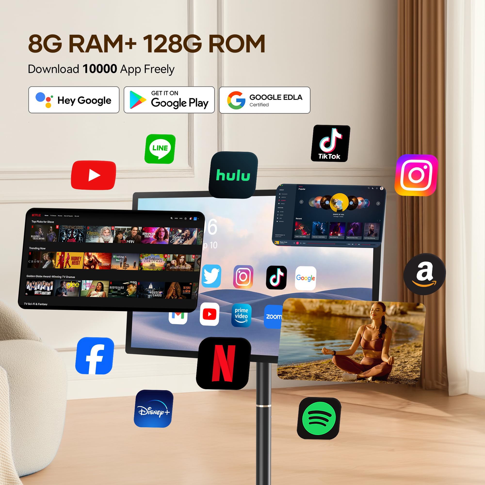 32-Inch Portable Smart Tv On Wheels With Touch Screen Monitor | 8G Ram +128G Storage | 8-Core Cpu Qualcomm | Built-In 6-8H Batte