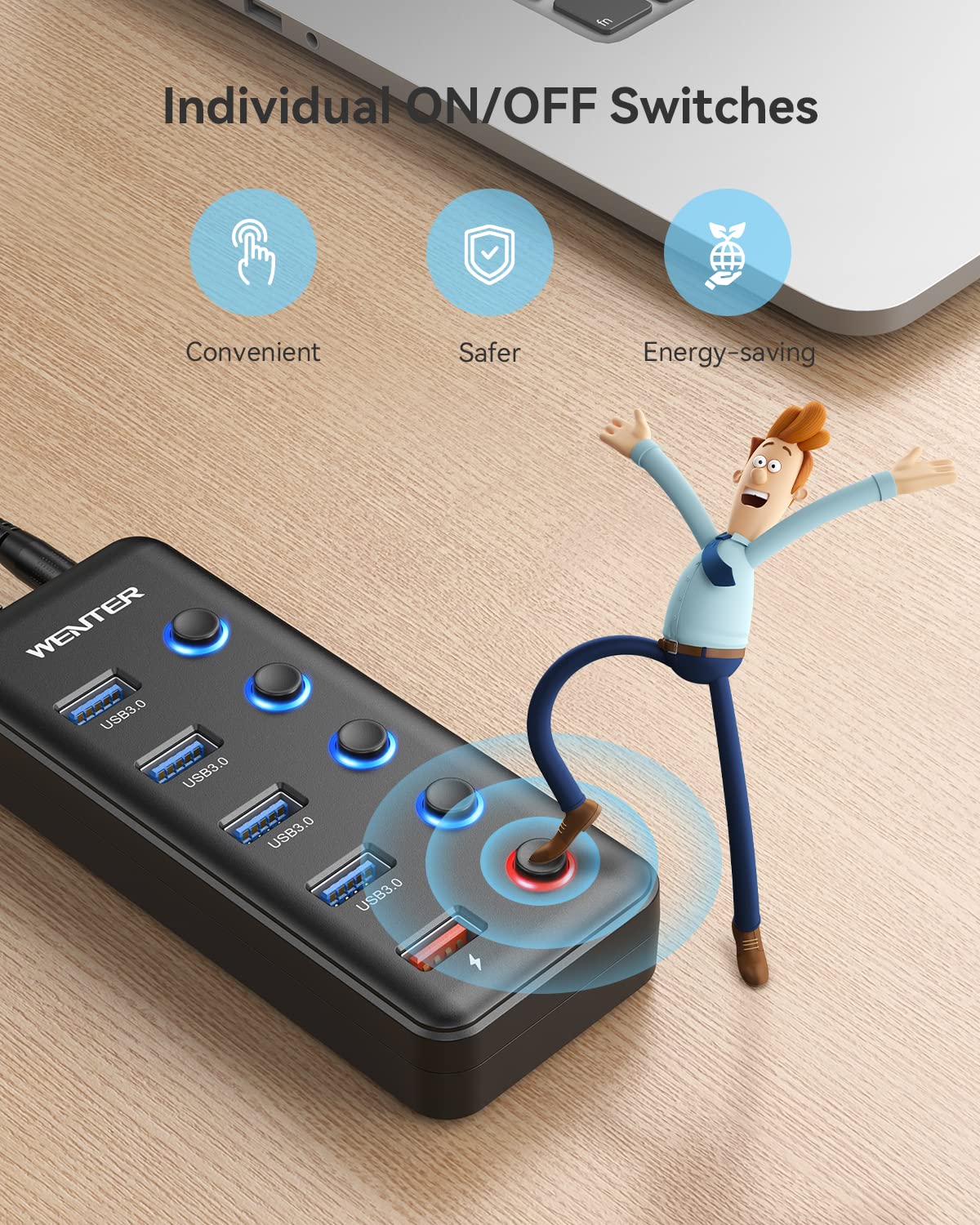 Powered Usb Hub, Wenter 5 Ports Usb 3.0 Hub (4 Data Transfer Ports+ 1 Smart Charging Port) With Individual Led On/Off Switches, Usb Hub 3.0 Powered With 15W Power Supply For Pc, Mac