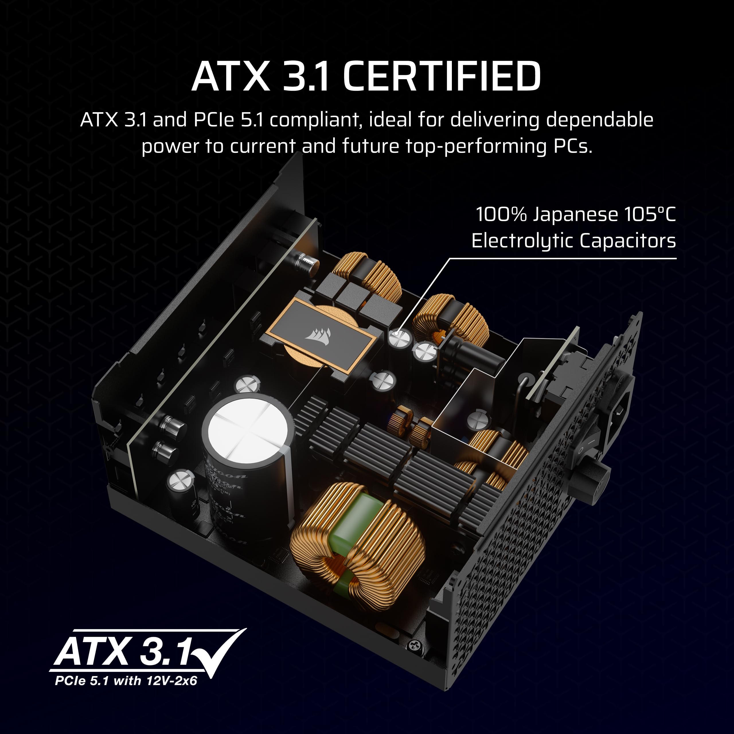 Corsair Rm1000X Fully Modular Low-Noise Atx Power Supply - Atx 3.1 Compliant - Pcie 5.1 Support - Cybenetics Gold Efficiency - N