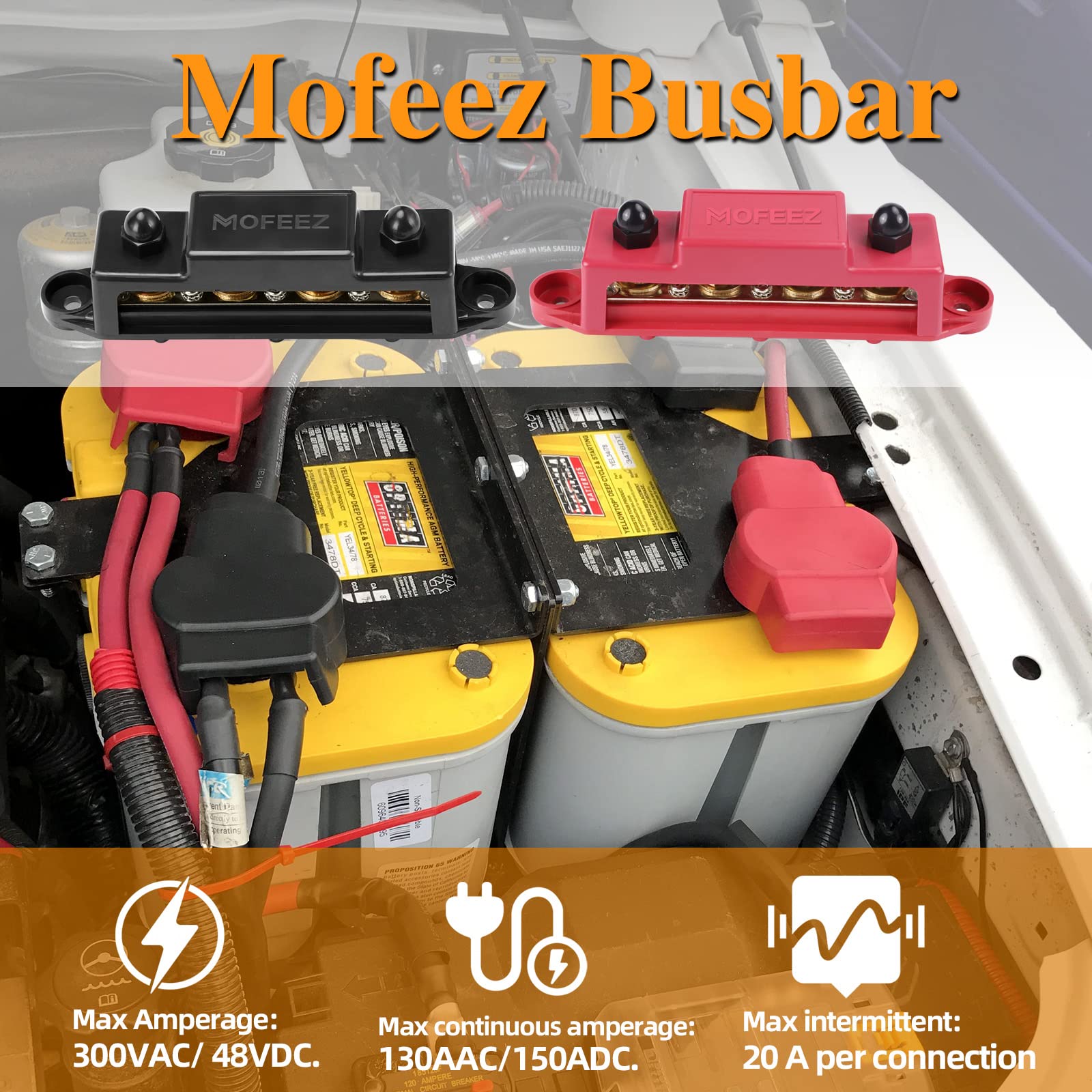 Mofeez Power Distribution Block Bus Bar, 4 X 516 Posts, 6 X #8 Screws Terminals, Max 48V 250A (Pair, Red & Black)
