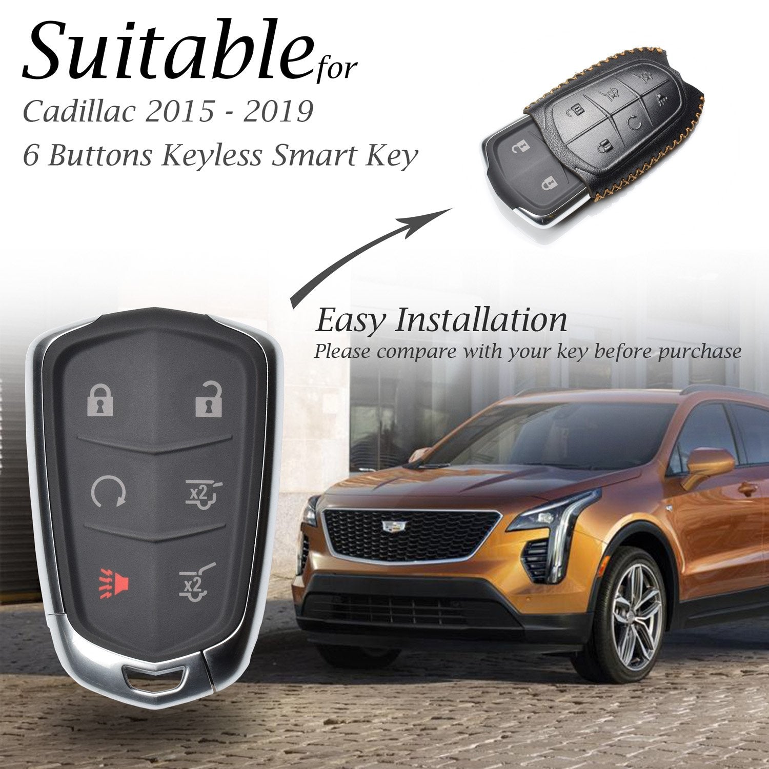 Vitodeco Genuine Leather Smart Key Fob Case Cover Compatible For Cadillac Xt4, Cadillac Xt5, Cadillac Xt6 2019   2025 With Key C