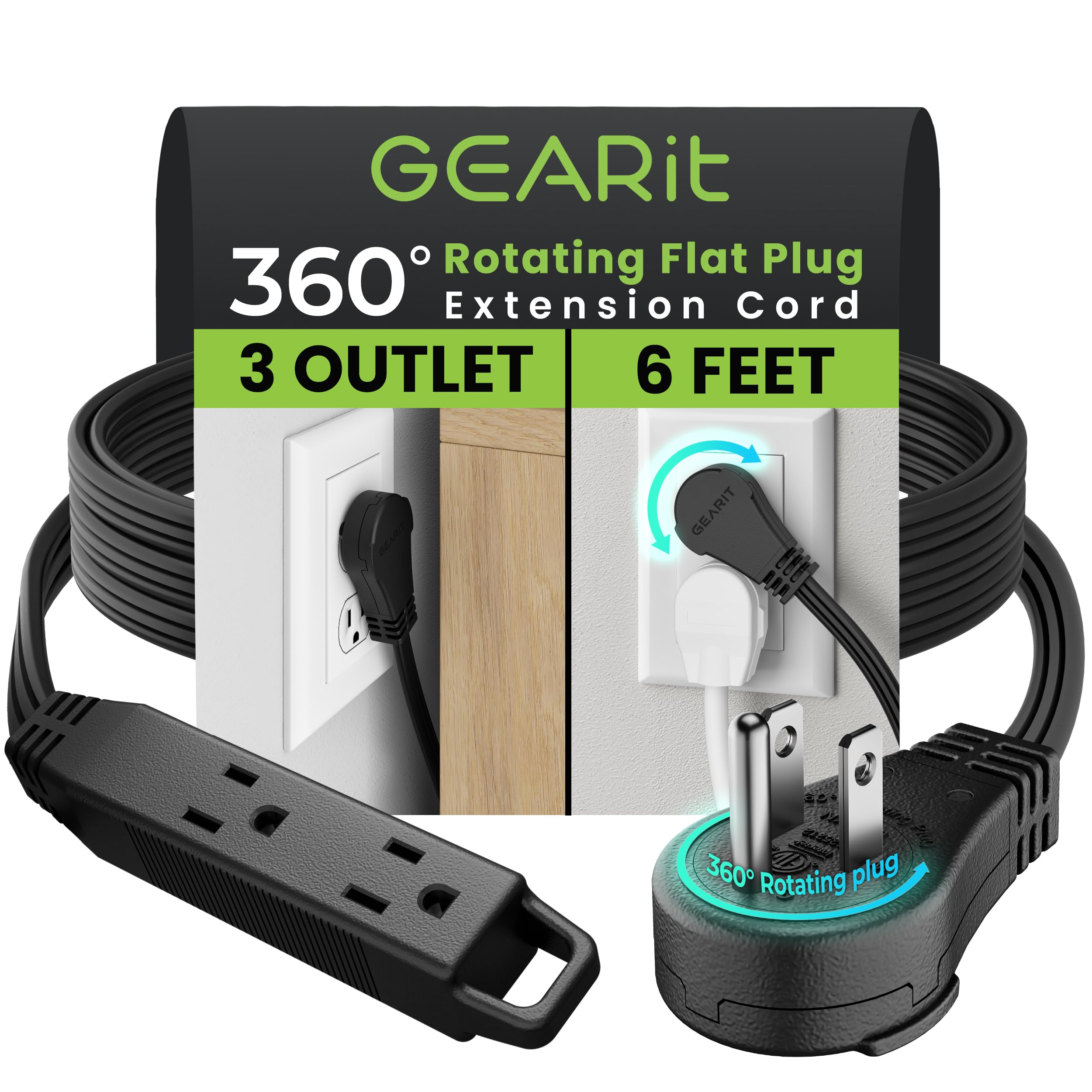 Gearit 360 Rotating Flat Plug Extension Cord (6Ft, Black) Multi 3 Outlet Extension 16 Awg Wire, Adapter For Small Spaces, Right