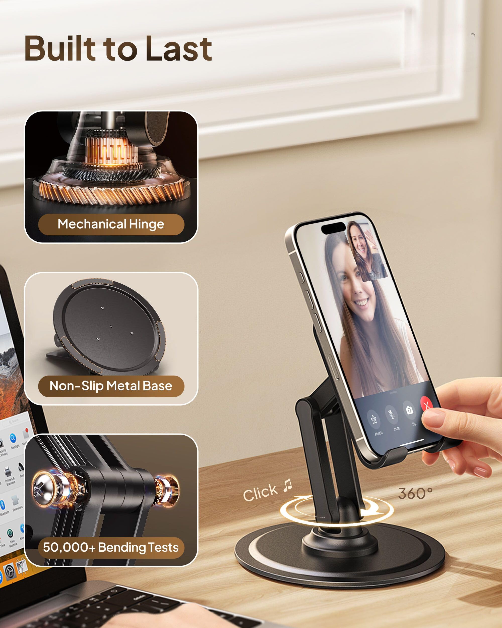 Cooper 360 Stand, Rotating Cell Phone Stand For Desk | Sturdy Metal Base, Foldable, Portable | Cell Phone Holder For Desk (Piano