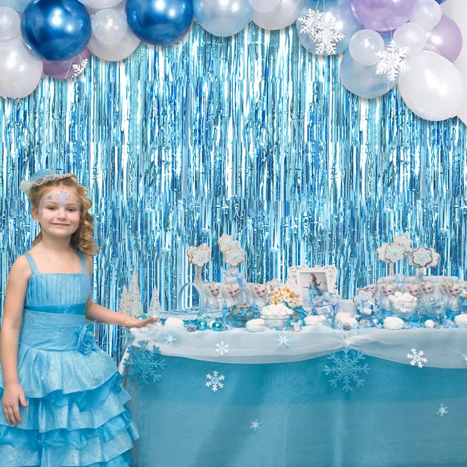 Toniful 3Pcs Light Blue Door Streamers,Light Blue Photo Booth Backdrop Metallic Streamers Foil Fringe Curtains For Birthday,Chri