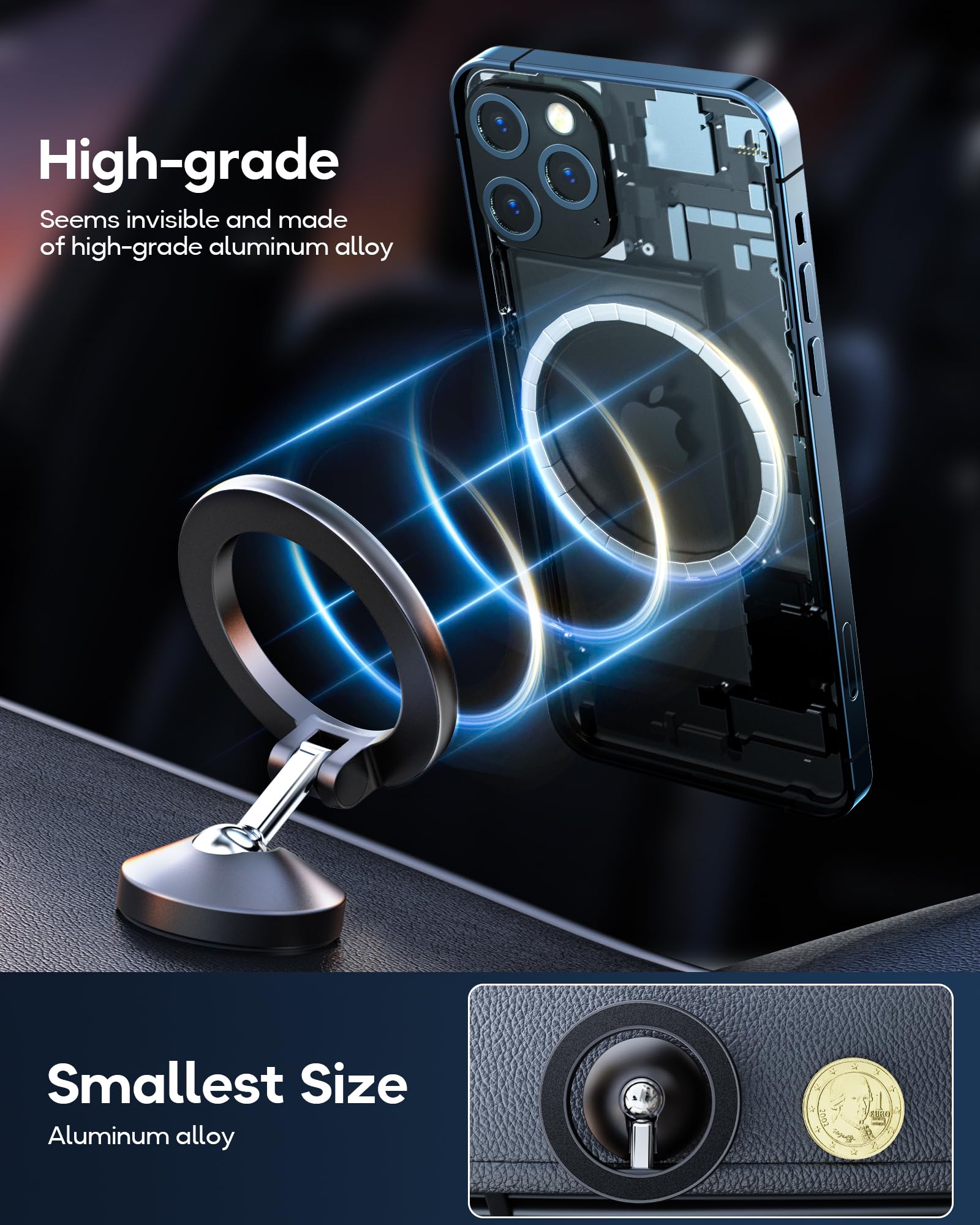 For Magsafe Car Mount Dashboard [360All-Metal Foldable] Magnetic Phone Holder For Car Dash [Strongest Magnets & 3M Adhesive] Han