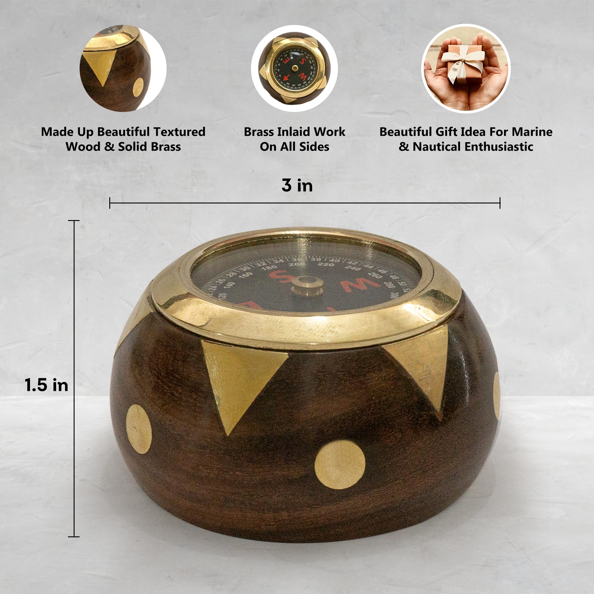 Handtooled Handcrafted Brass & Hardwood Desk Compass   Nautical Collection