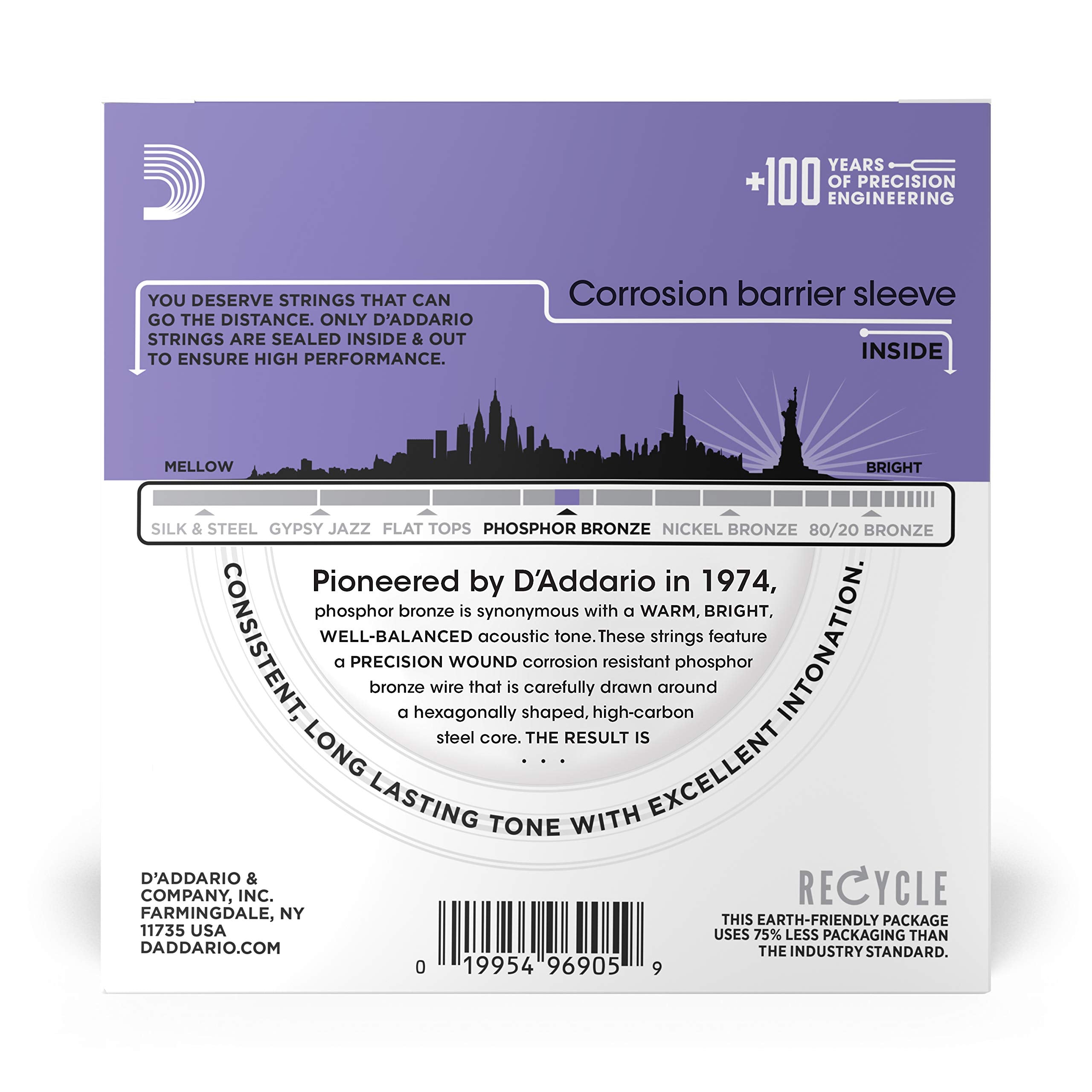D'Addario Guitar Strings   Phosphor Bronze Acoustic Guitar Strings   Ej26 10P   Rich, Full Tonal Spectrum   For 6 String Guitars   11 52 Custom Light, 10 Pack