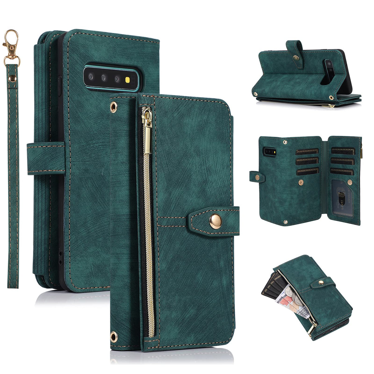 Ueebai Case For Samsung Galaxy S10 Plus, 9 Card Slots Retro Leather Wallet Shockproof Flip Cover With Hand Strap Card Slots Zipp
