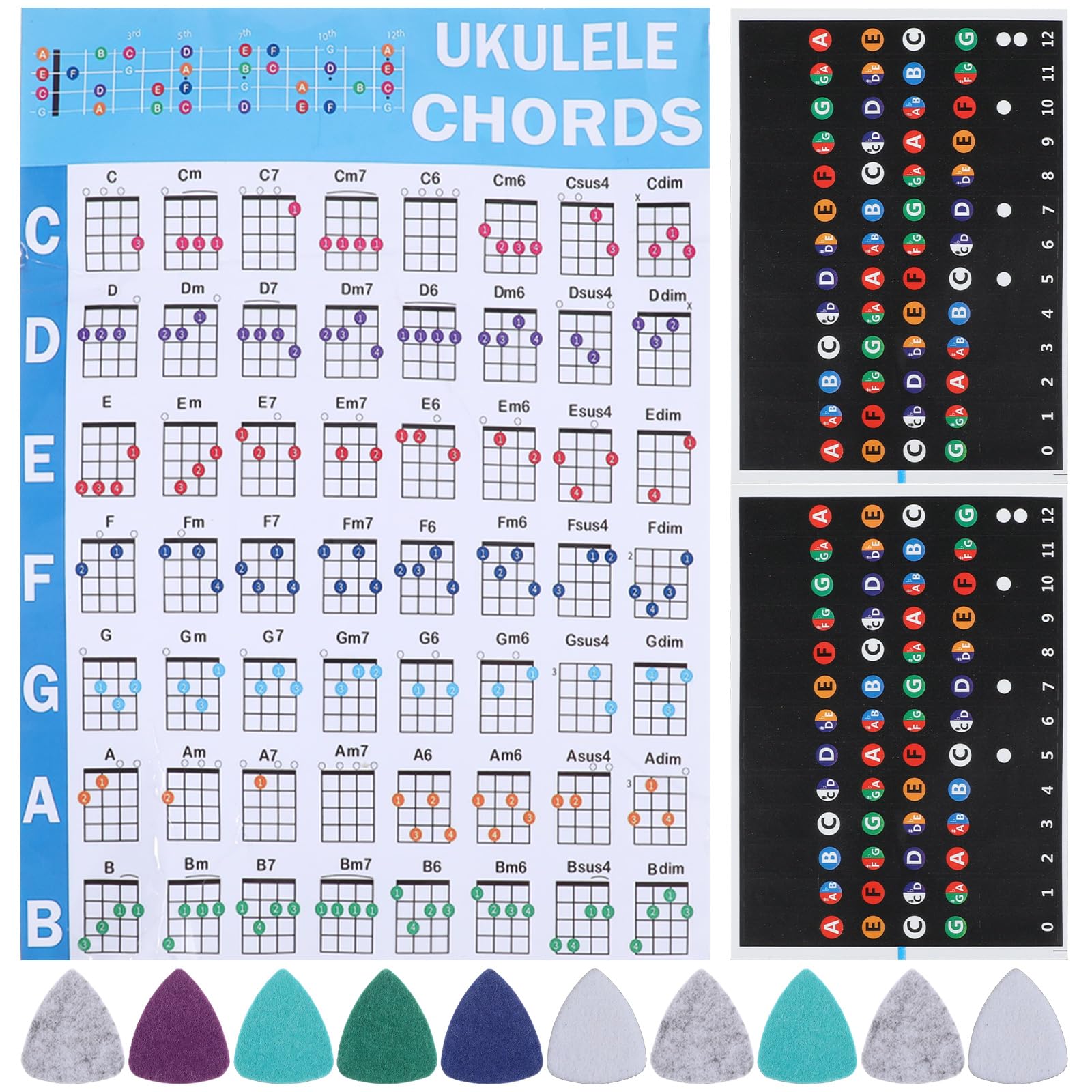 Ptwola Ukulele Chord Chart Cheatsheets Laminated Chord Poster Beginner Learner With 2Pcs Colorful Fretboard Coded Note Decal Sti