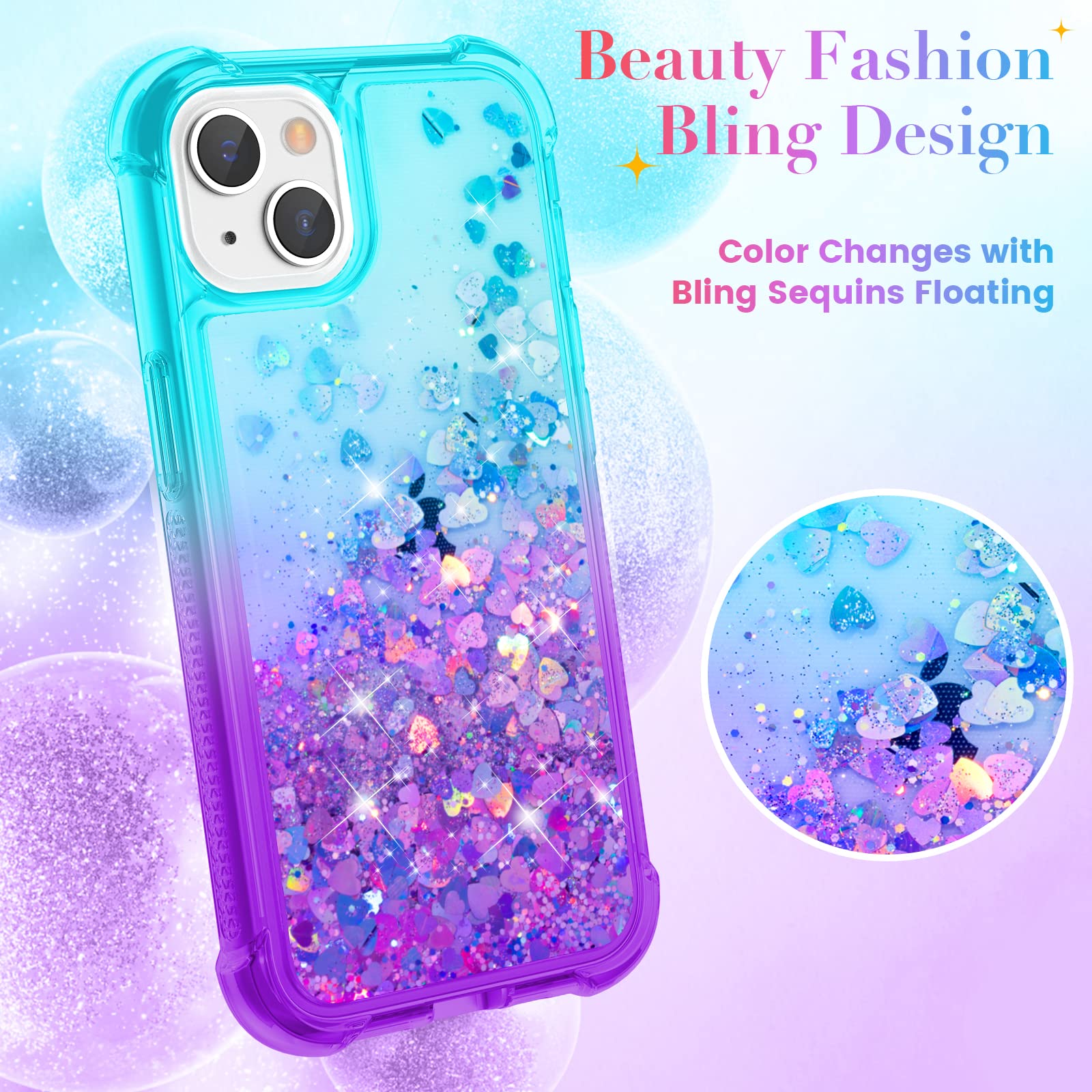 Ruky For Iphone 13 Case & Iphone 14 Case, Glitter Liquid Full Body Rugged Cover With Built In Screen Protector Soft Tpu Shockpro