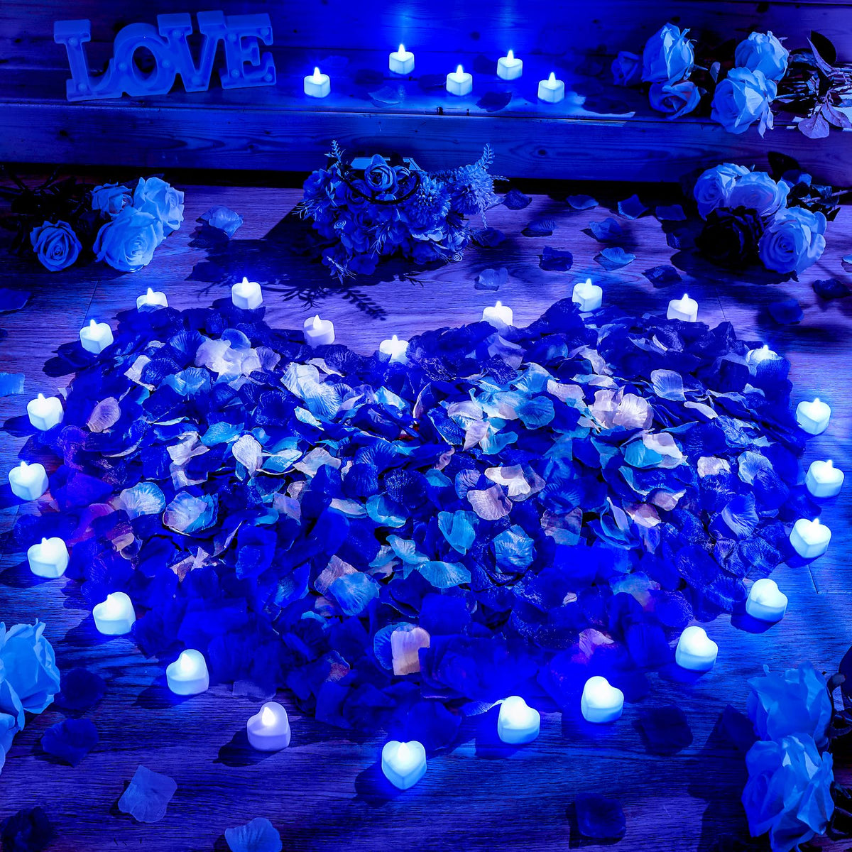 Honoson 1000 Pieces Artificial Rose Petals With 24 Pcs Flameless Heart Shaped Led Tealights Candles Romantic Night Decorations F