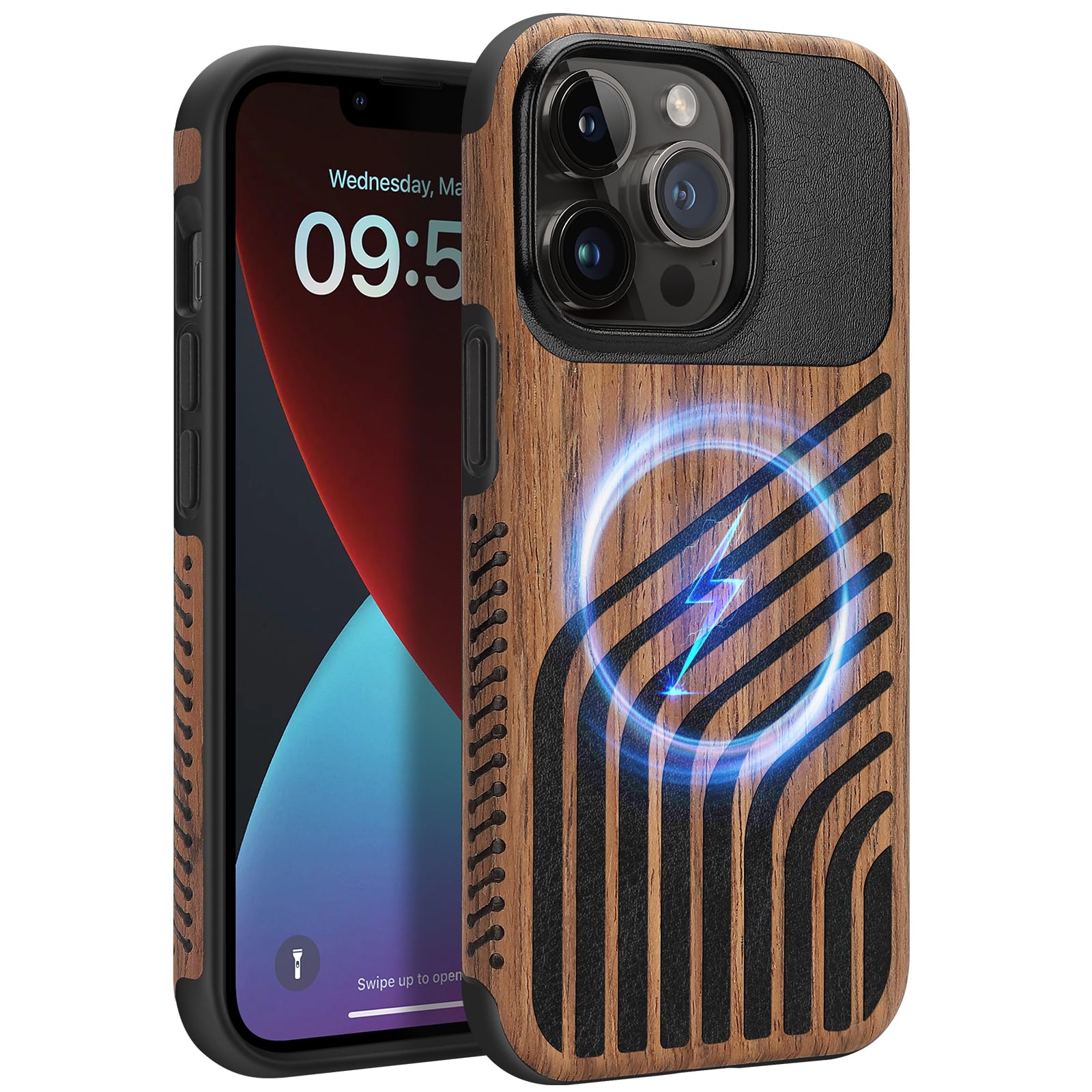 ZZDZZ Magnetic Case Compatible with iPhone 13 Pro Max Case [Compatible with MagSafe] Wood and Leather Carbon Fiber Design Hybrid