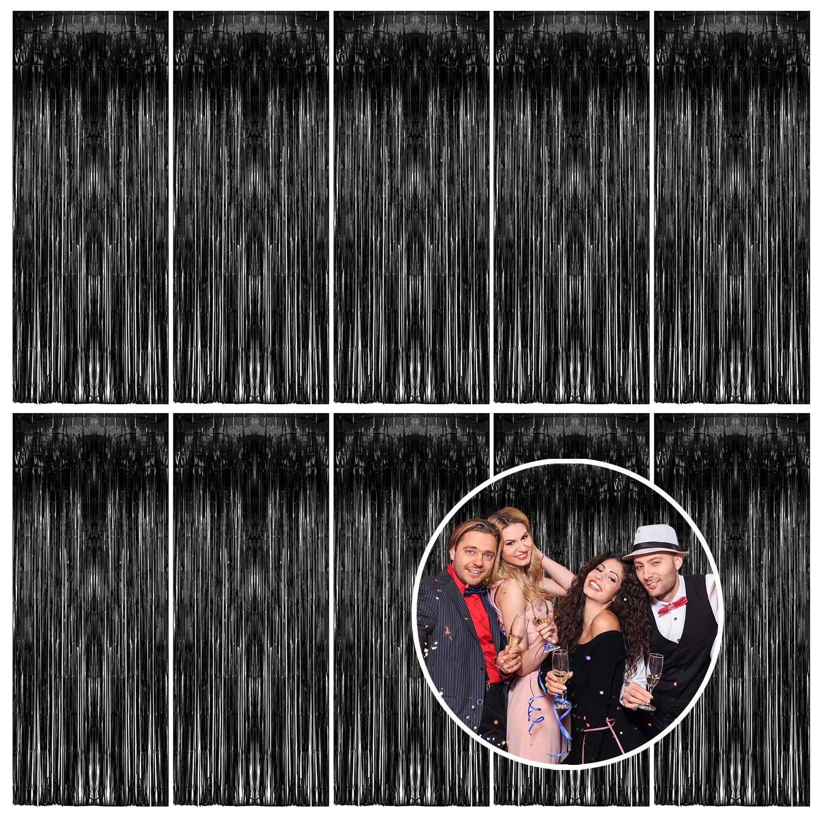10 Pack Foil Curtain Backdrop Black Metallic Tinsel Foil Fringe Curtains Photo Booth Props for Birthday Wedding Engagement Baby 