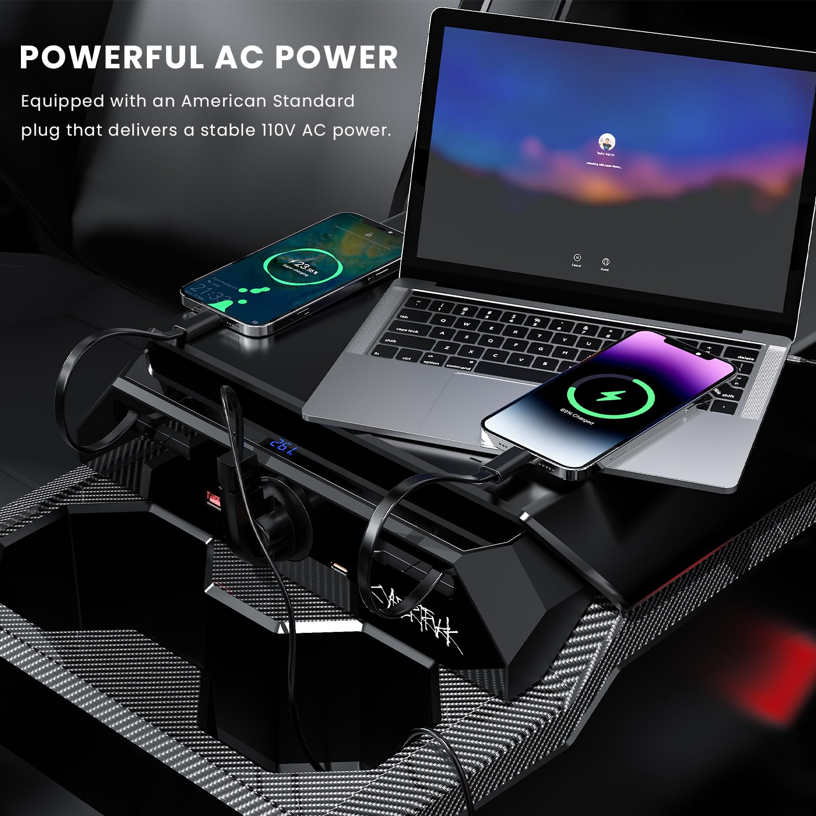 Cybertruck Usb Charger Hub With 110V Ac Outlet & Retractable Cables - Seamless Integration, 30W Pd/Qc3.0 Fast Phone Charge, Cent