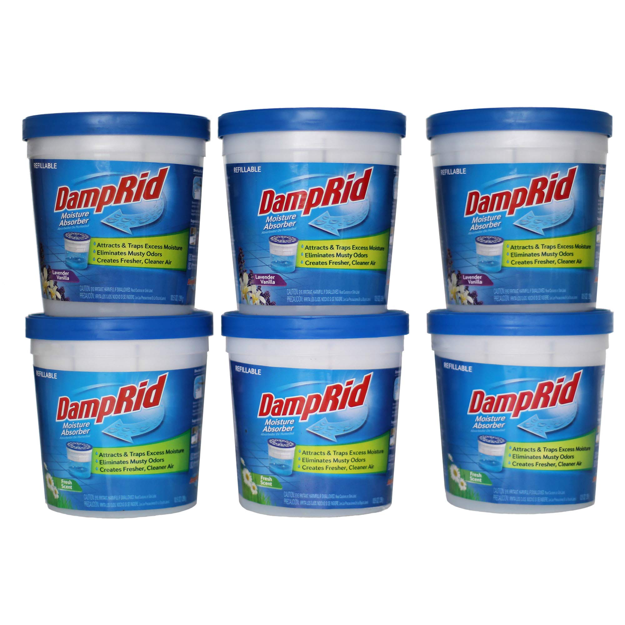 Damprid Refillable Absorber Variety Pack, 10.5 Oz. Cups, 6 Pack, 3 Fresh Scent, 3 Lavender Vanilla, Traps Moisture For Fresher,