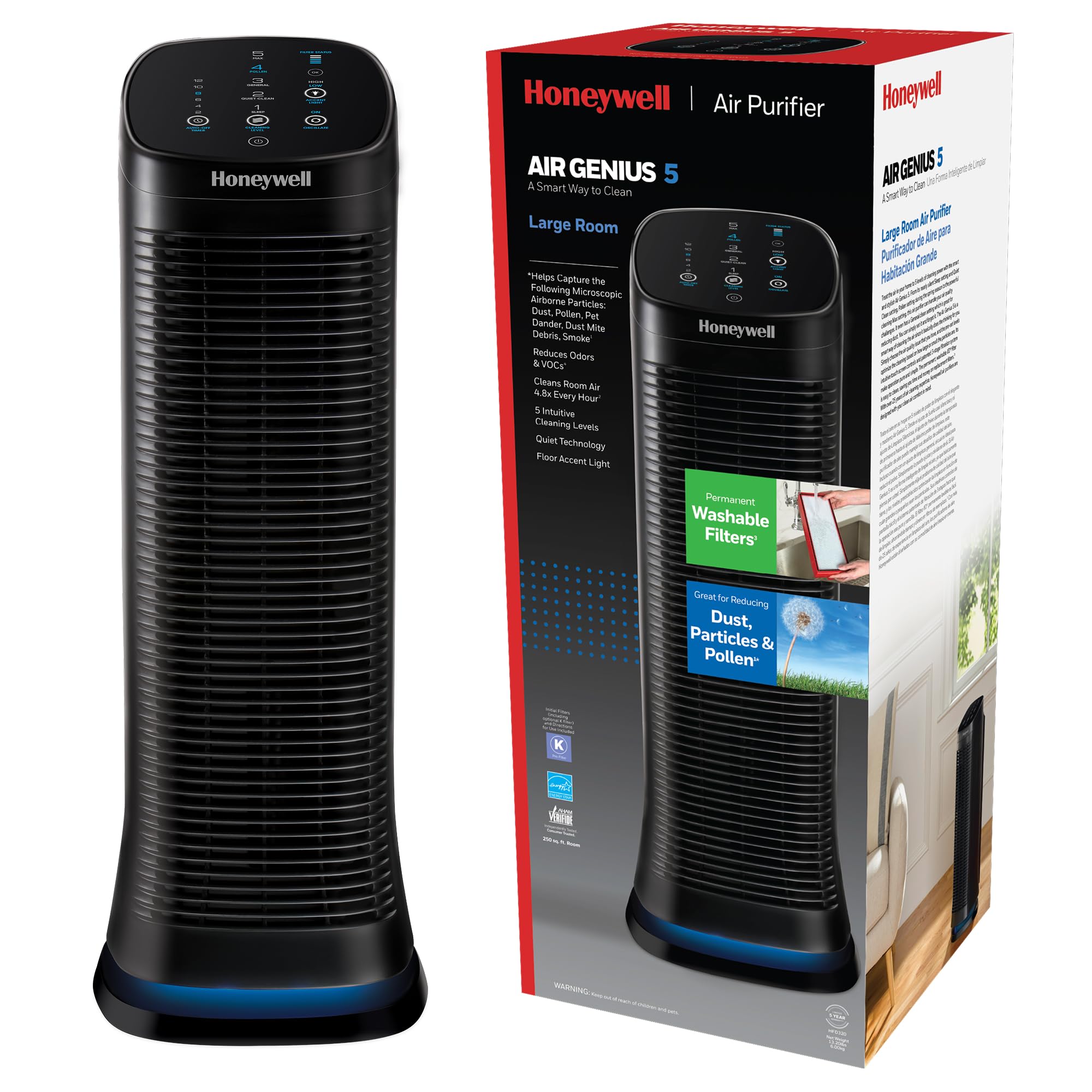 Honeywell Air Genius 5 Air Purifier for Large Rooms up to 1200 Ft, Permanent Washable Filters, Reduces Dust, Pollen, Pet Dander,