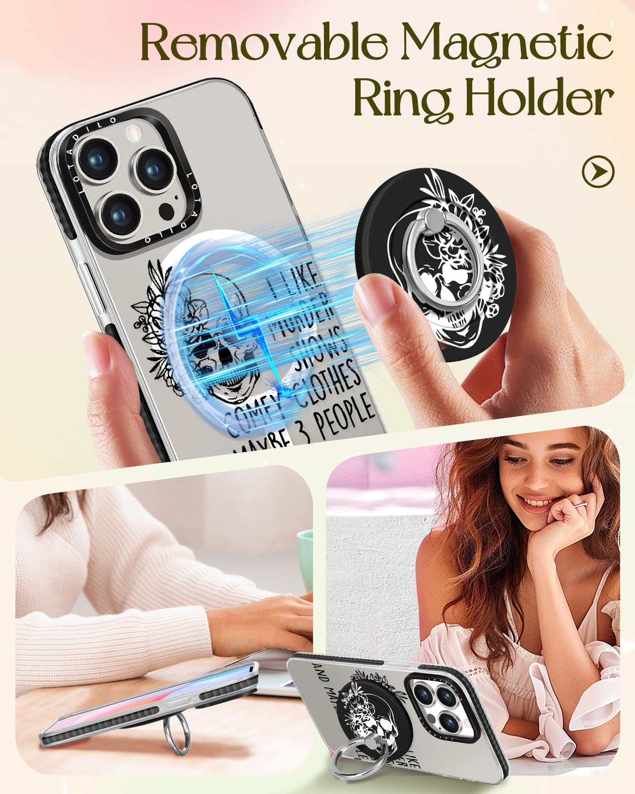 Lotadilo For Iphone 13 Pro Max Case For Women Girls - Cute Design Compatible With Magsafe Magnetic Ring Holder Stand Skull Skele
