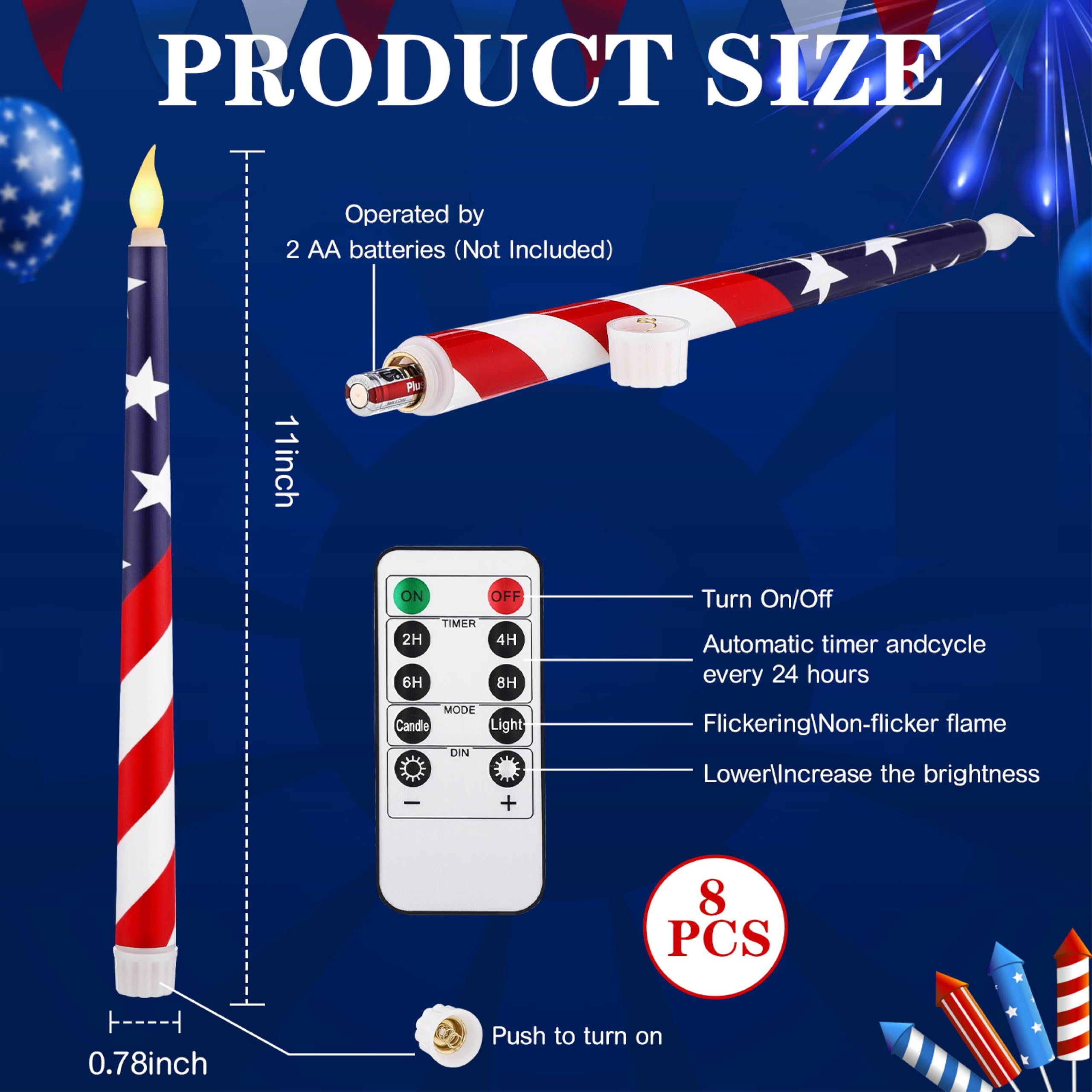 Aurelema 8 Pcs Patriotic Candles Flameless Taper Candles With Remote & Timer 4Th Of July American Flag Flameless Candlesticks Fl