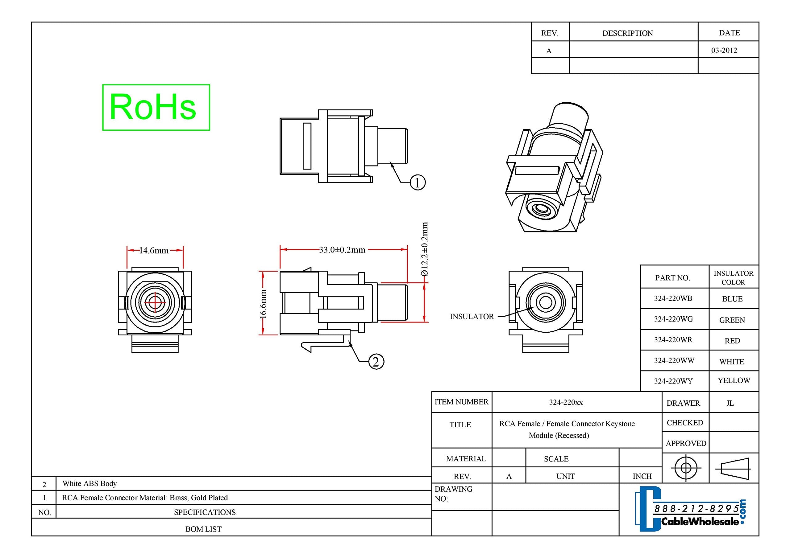 Cablewholesale Rca Female To Rca Female, Blue Recessed Rca Coupler Adapter With White Keystone Insert, Blue Rca Jack Connector F