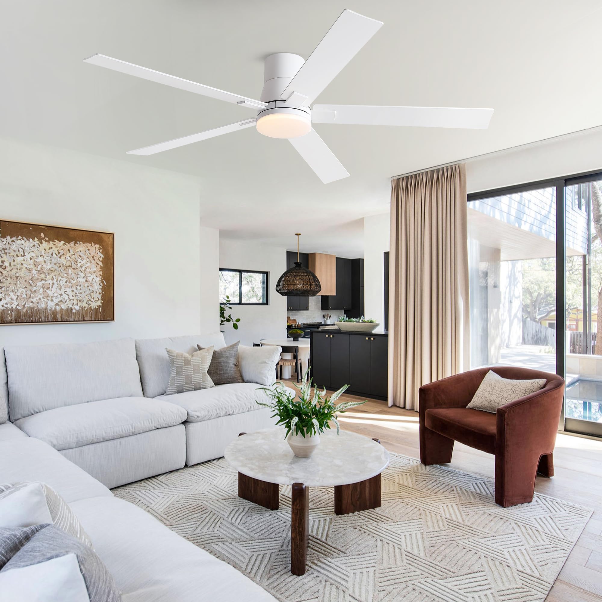 60 Inch Ceiling Fans With Lights And Remote,Flush Mount White Ceiling Fan With 5 Blades,6 Speed Reversible Dc Motor,3Cct Dimmabl