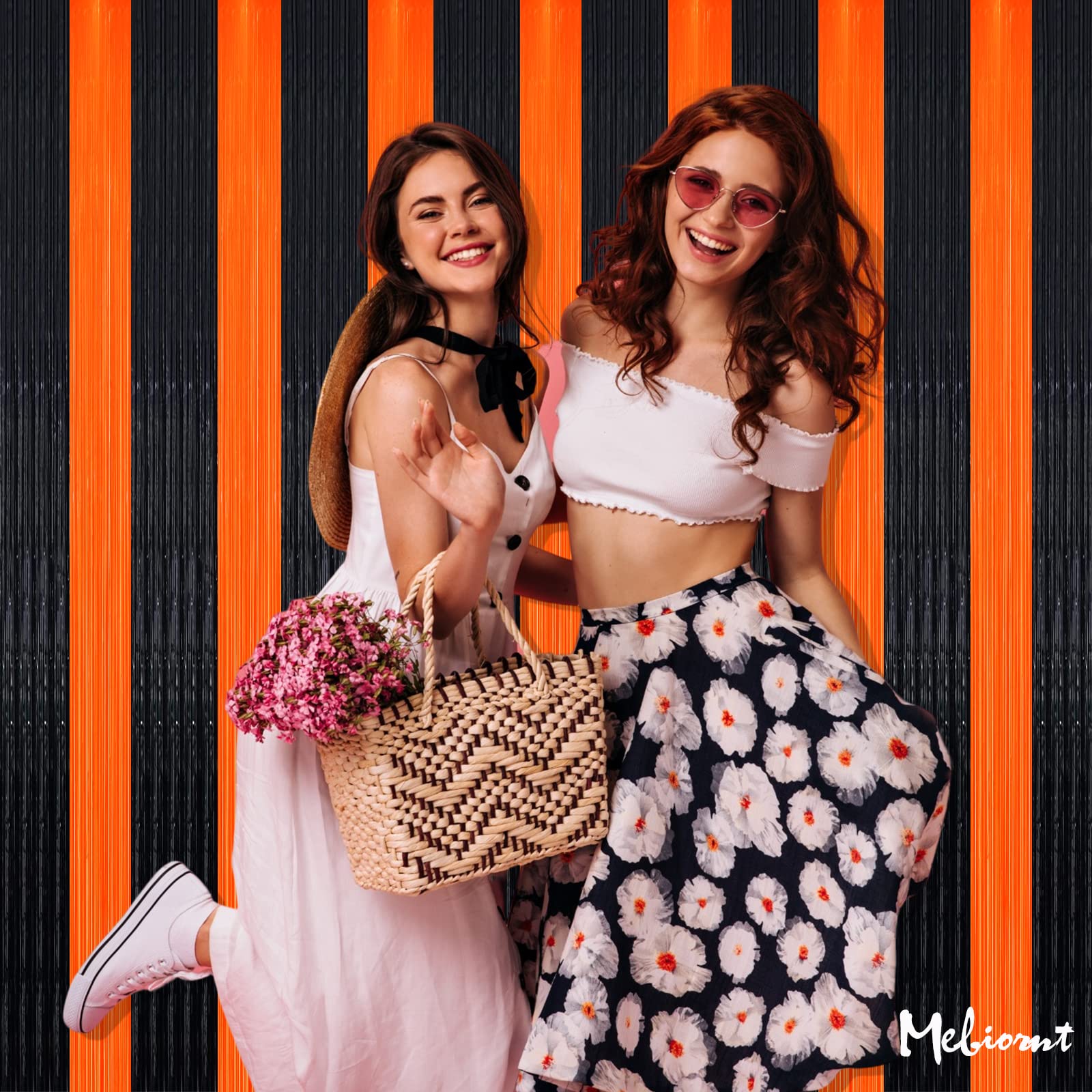 4 Pack Fringe Curtain Backdrop, 3.2Ft X 9.8Ft Black Orange Metallic Tinsel Foil Fringe Streamers Background For Photo Booth Birt