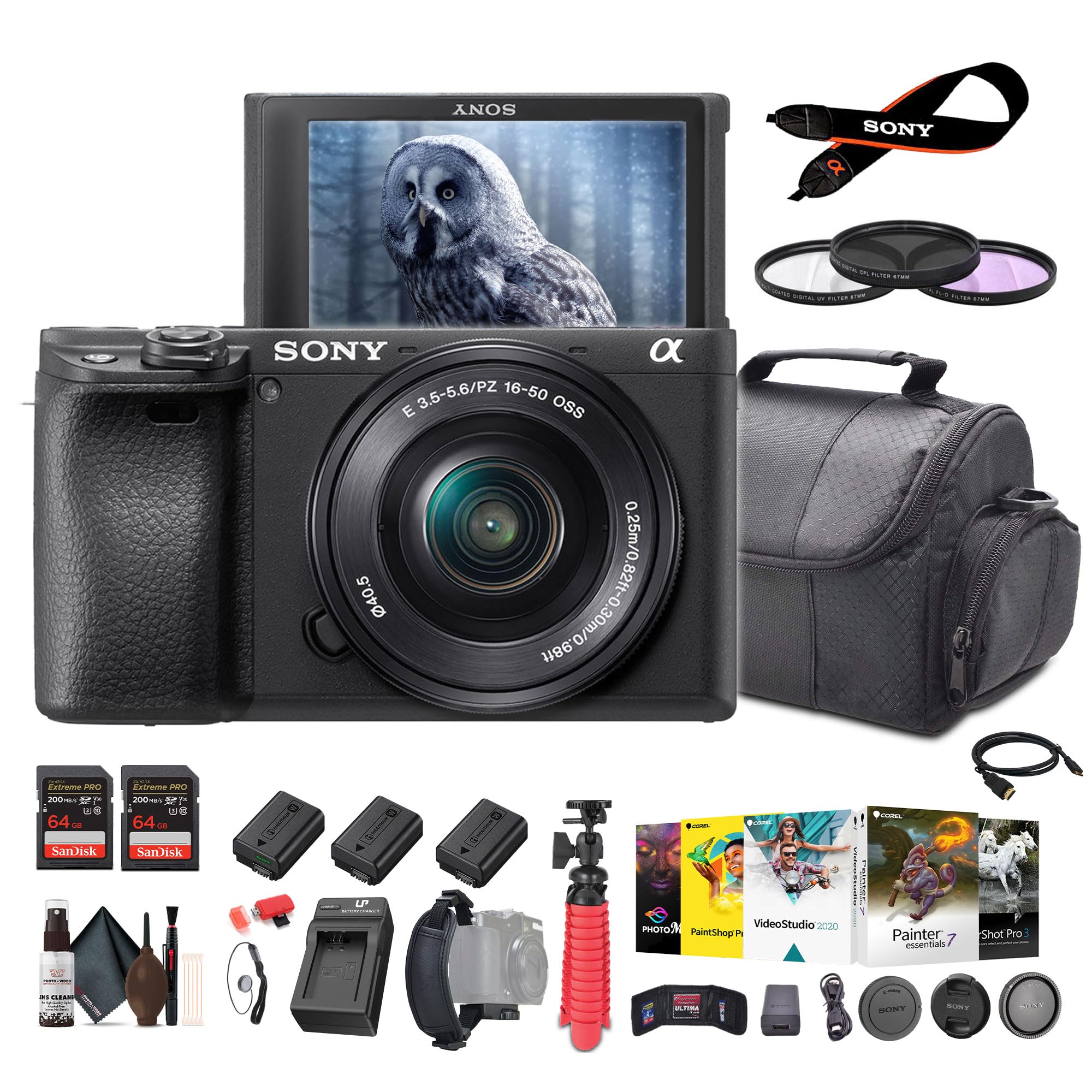 Sony a6400 Mirrorless Camera with 16-50mm Lens (ILCE-6400L/B) + 2 x 64GB Memory Card + 2 x NP-FW50 Battery + Photo Software + Fi
