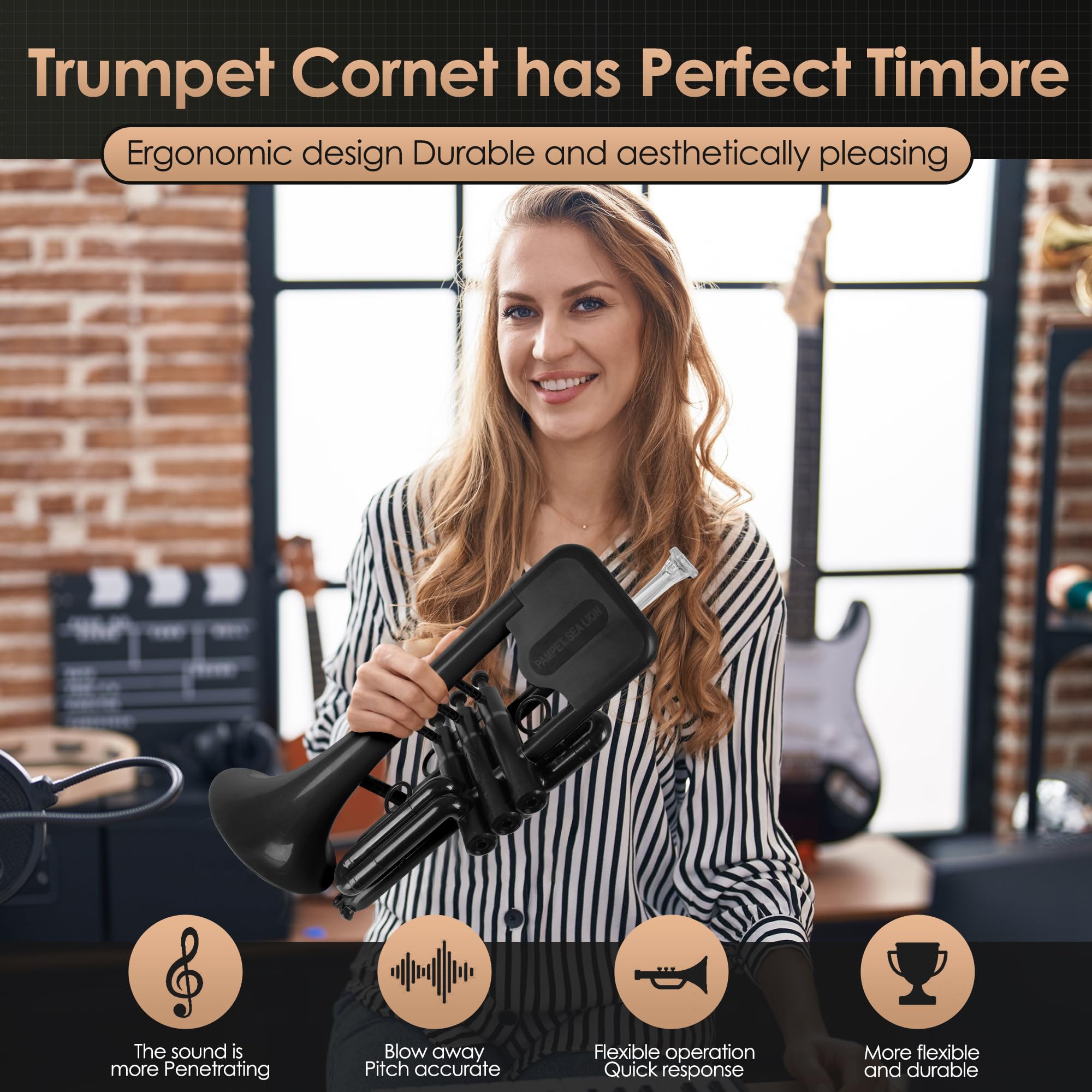 Pampet Sea Lion Professional Plastic Bb Trumpet Standard Trumpets Trumpet Set For Student Beginner Bb Trumpet Instrument (Black)