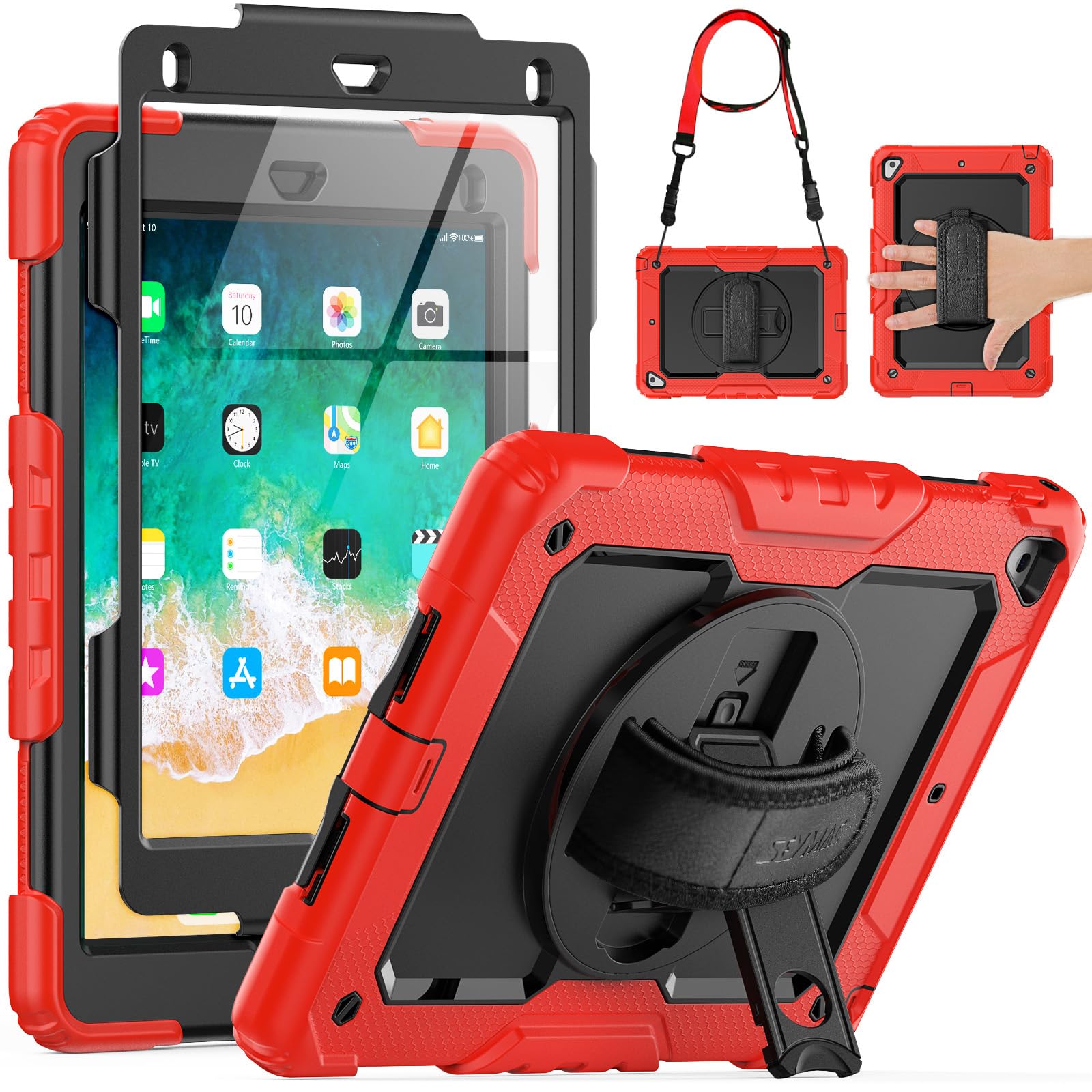 Seymac Case For Ipad 6Th/5Th Generation Case 9.7 Inch, Full Body Shockproof Heavy Duty Protective Case With Screen Protector, Rotating Stand/Hand/Shoulder Strap For Ipad Air 2/ Pro 9.7, Red