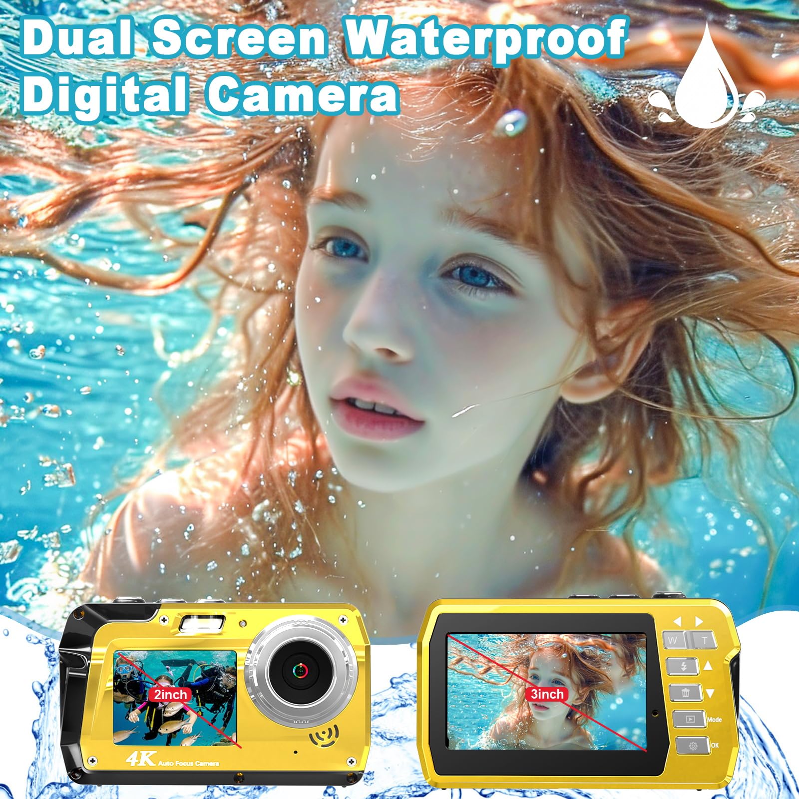 Underwater Camera, Waterproof Camera With 32Gb Card(Installed), 4K Fhd 48Mp Dual Screen Selfie Digital Camera For Photography, 1