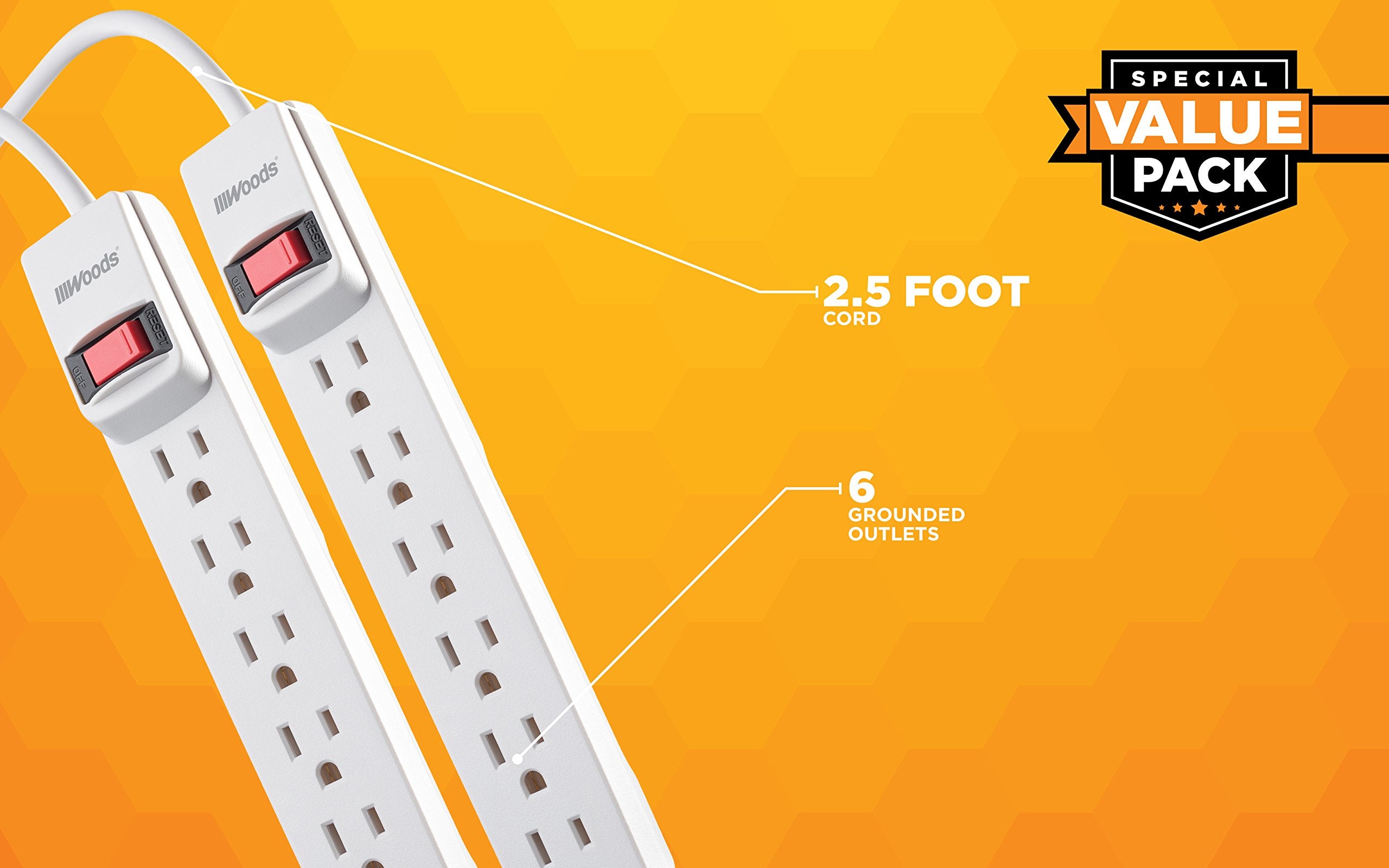 Woods 41346 Surge Protector With Overload Safety Feature 6 Outlets And 2.5 Ft Cord For 280J Of Protection, White, 2 Pack, One Size