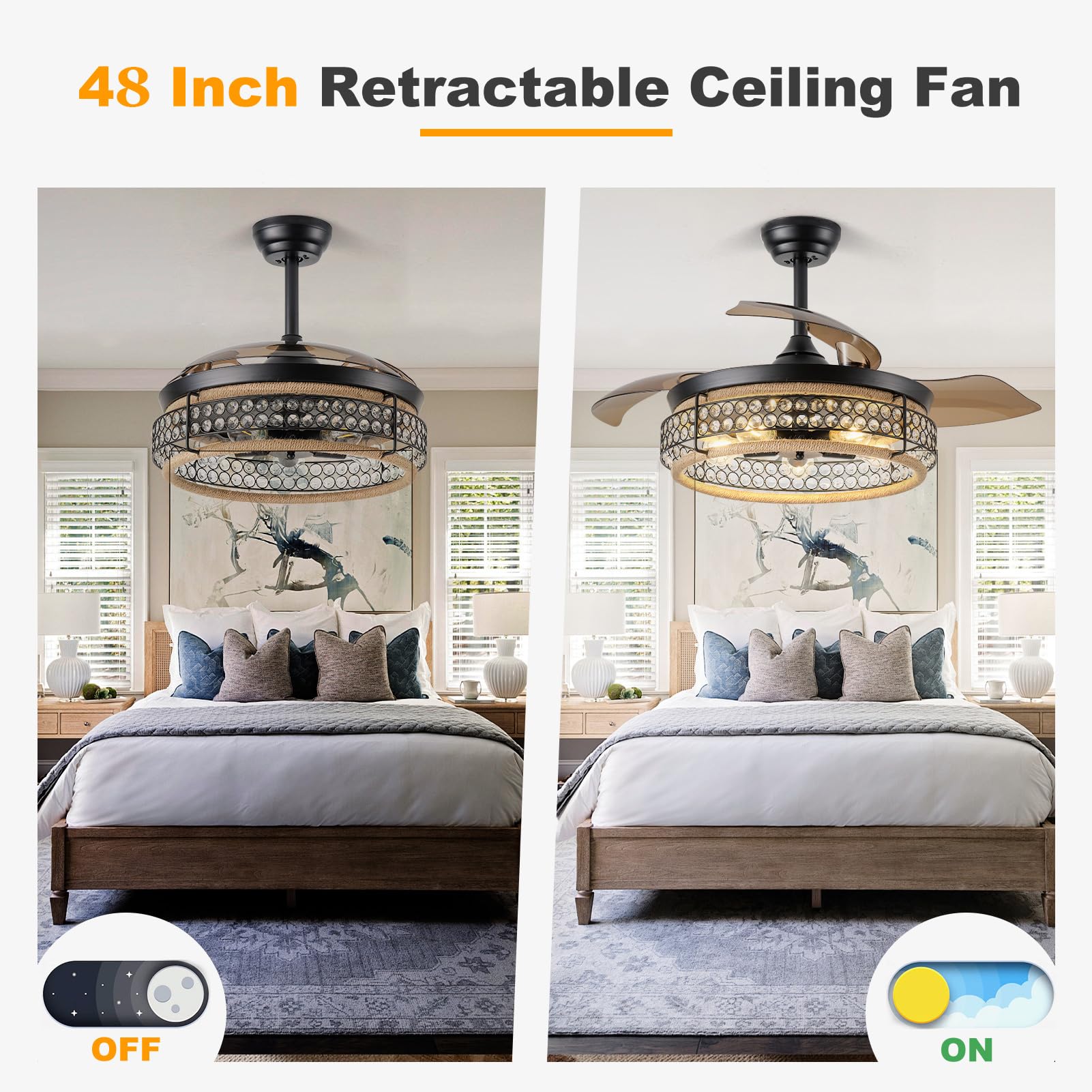 48 Inch Retractable Ceiling Fans With Lights And Remote, Industrial Black Fandelier With 3 Retractable Abs Blades, Invisible Cry