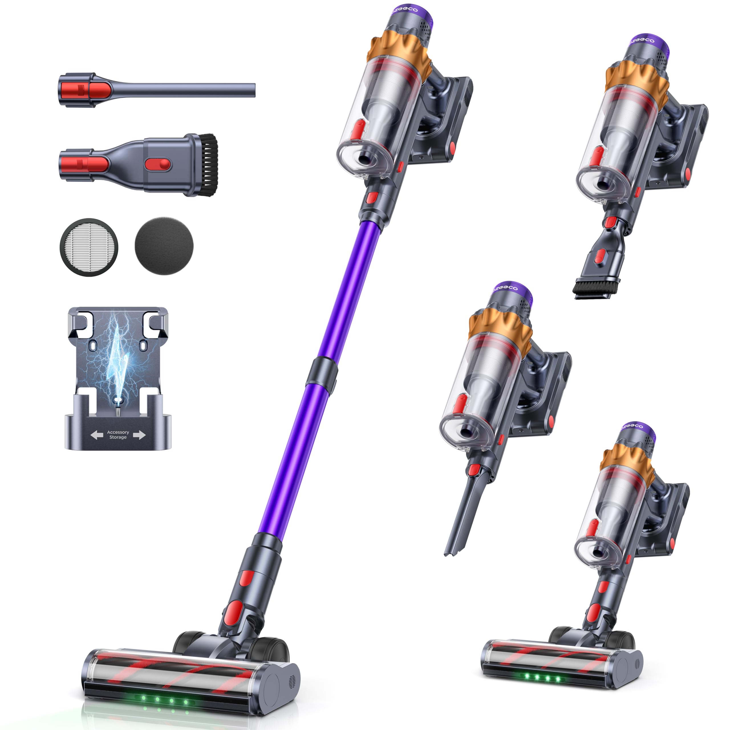 ozeeco Cordless Vacuum Cleaner, 600W/50KPA/65Mins(ECO Mode) Vacuum Cleaners for Home, Self-Standing Stick Vacuum with Wall Mount