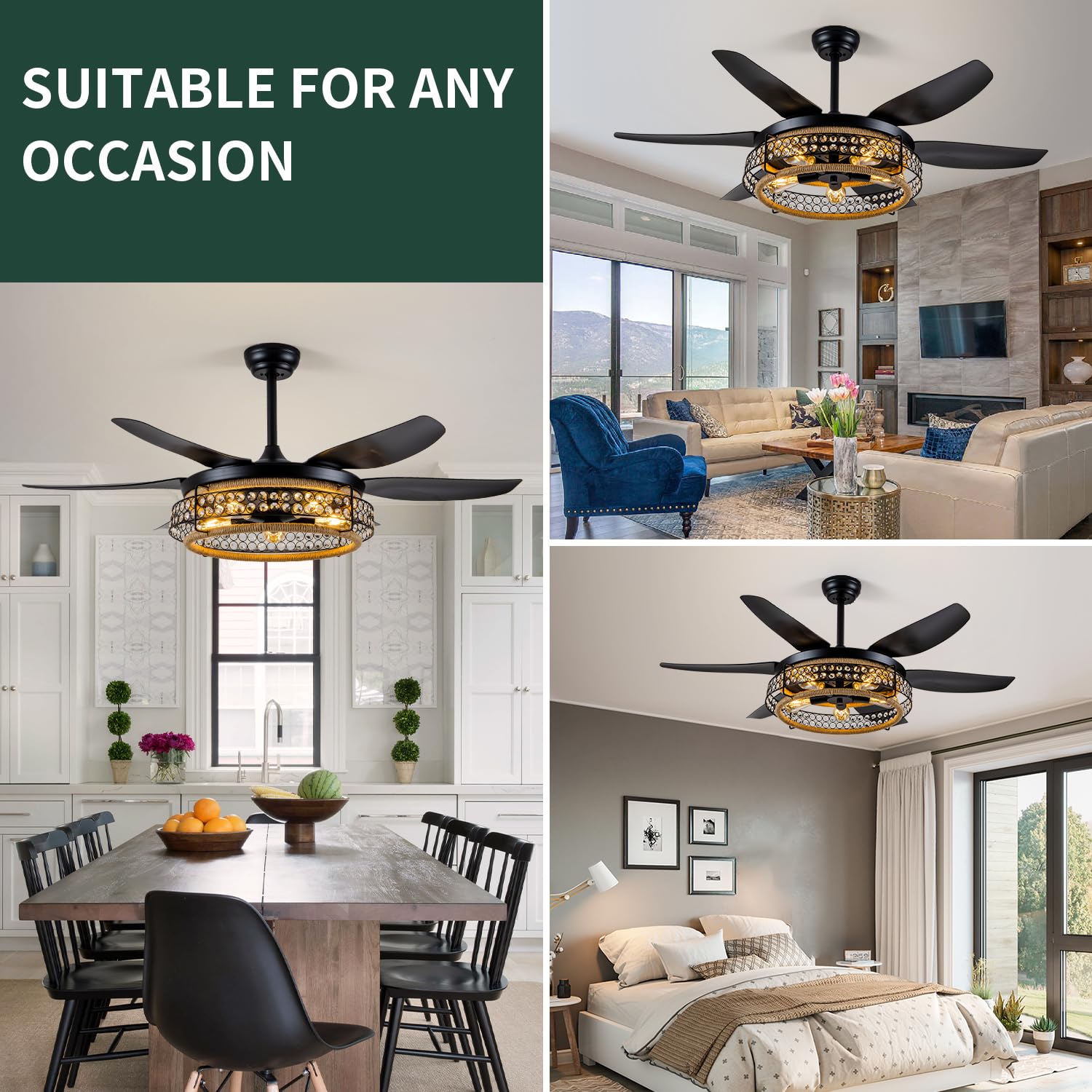 Oiotwo 51 Inch Ceiling Fan With Light Remote Control, Farmhouse Style Lampshade With K9 Crystal Attached, 6 Speed Reversible, Su