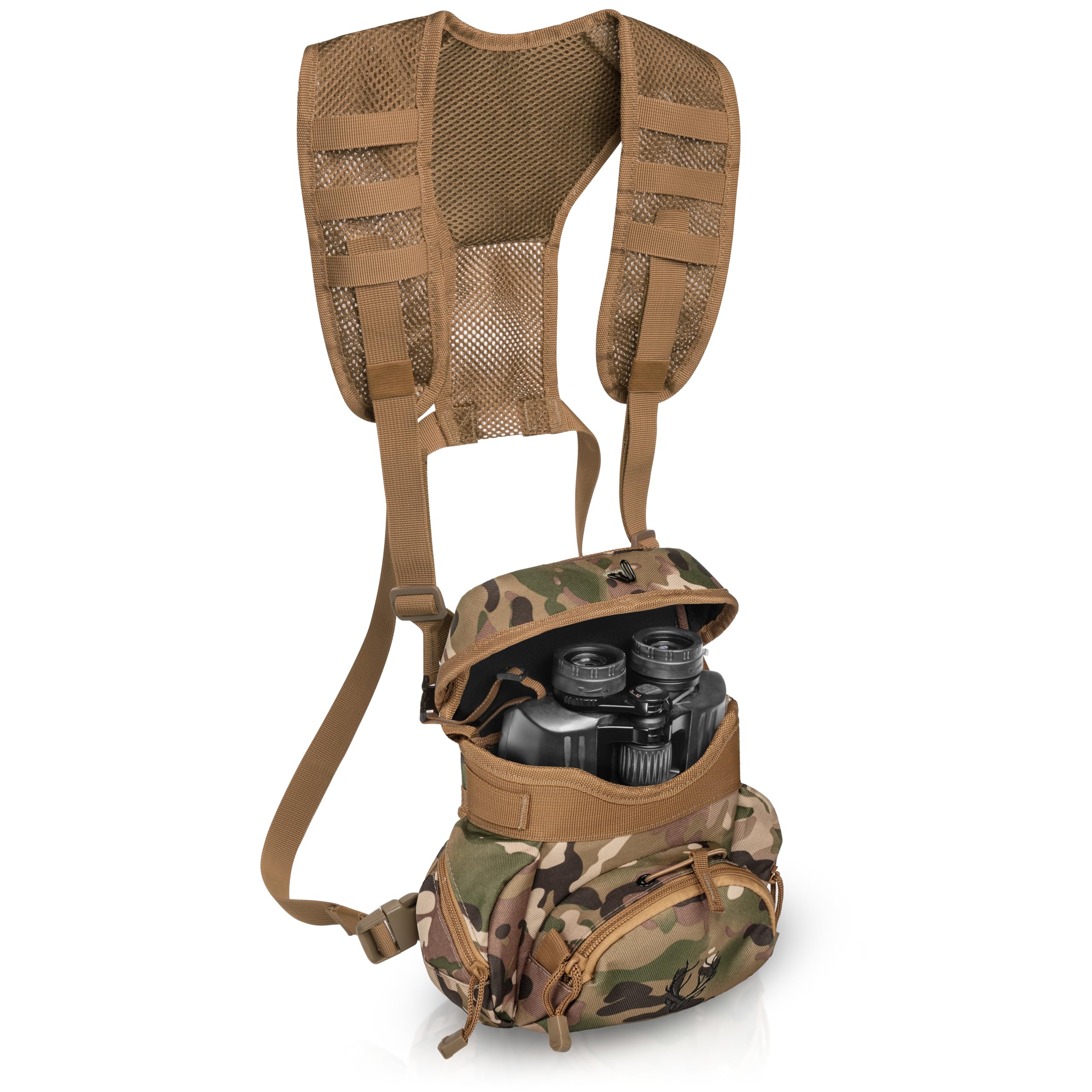 Binocular Harness Chest Pack - Lightweight Bino Harness with Rangefinder Pouch, Silent Hunting Chest Rig and Binocular Case w/ M