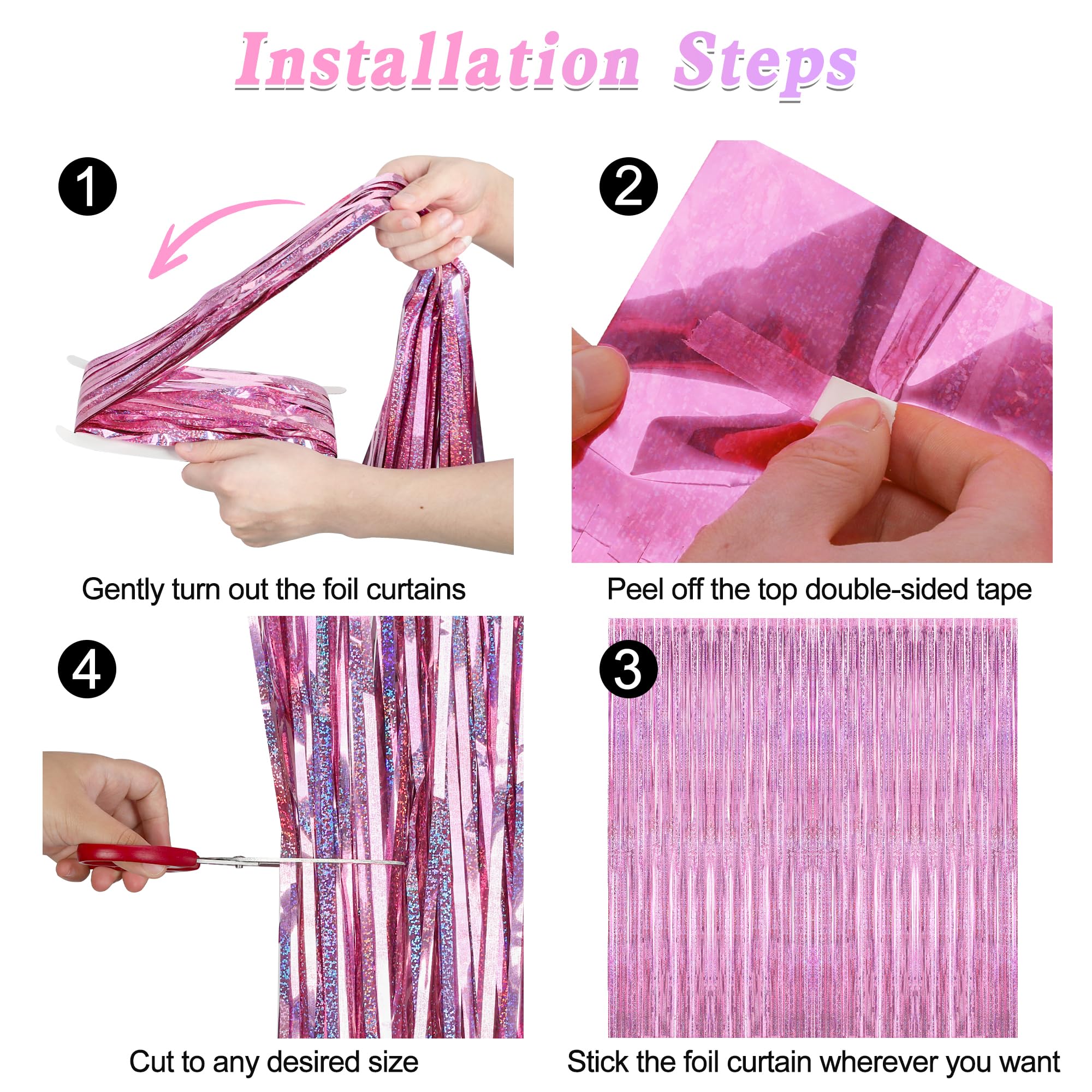 2 Pack Glitter Pink Backdrop, 3.28 Ft X 7.05 Ft Valentines Party Decorations, Laser Pink Fringe Curtains Foil Streamer Tinsel Ba