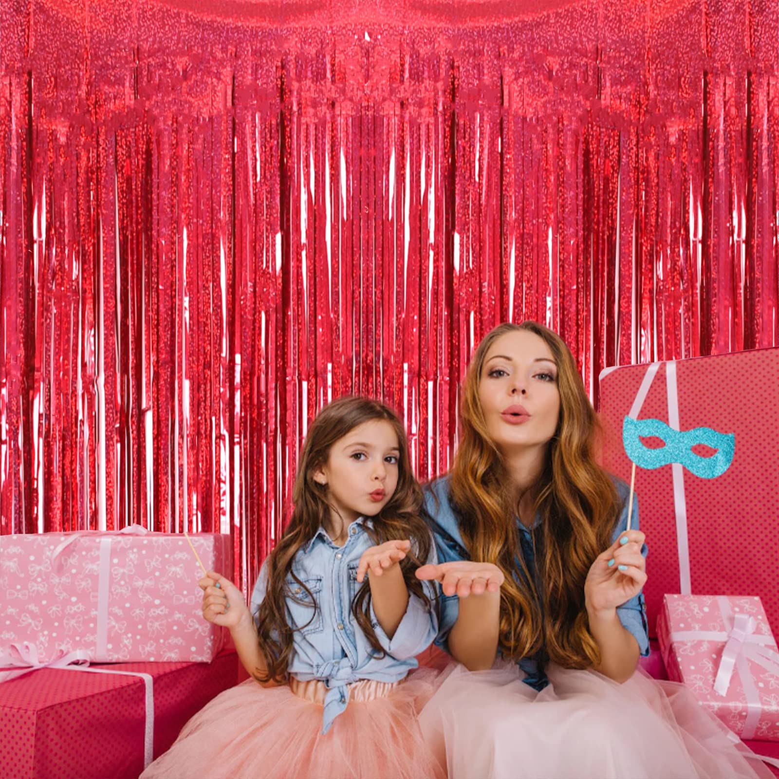 2 Pack 3.2Ft X 8.2Ft Red Foil Fringe Curtain, Glitter Metallic Tinsel Foil Fringe Curtains Photo Booth Backdrop Tinsel Door Curt