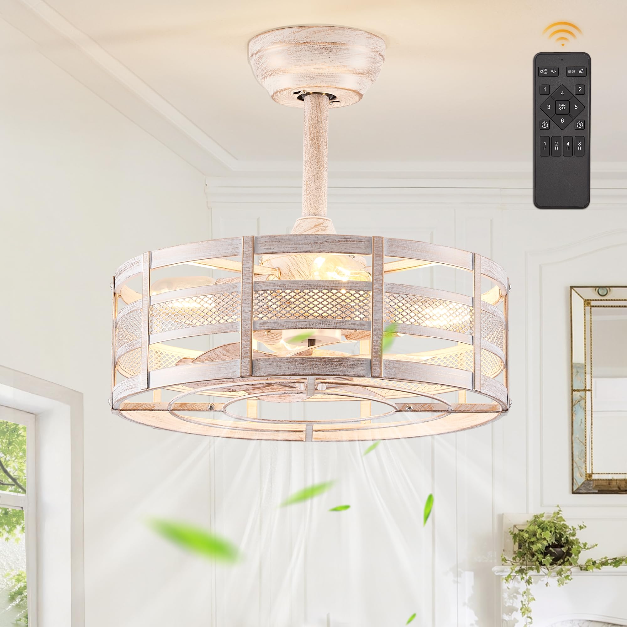 Fanbulous 16In Caged Ceiling Fans With Lights And Remote, Fandelier Ceiling Fan With 6 Speeds And Timing, Farmhouse Samll Fan Li