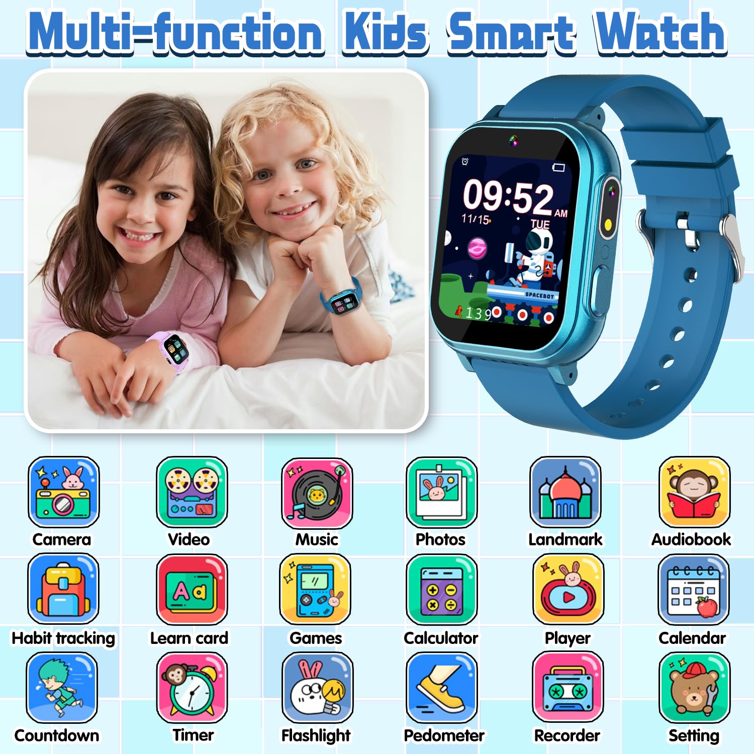 Waterproof Smart Watch For Kids Boys Age 5-12 With 32 Games, Dual Camera, Habit Tracking, Music Player, Video, Hd Touchscreen Ki