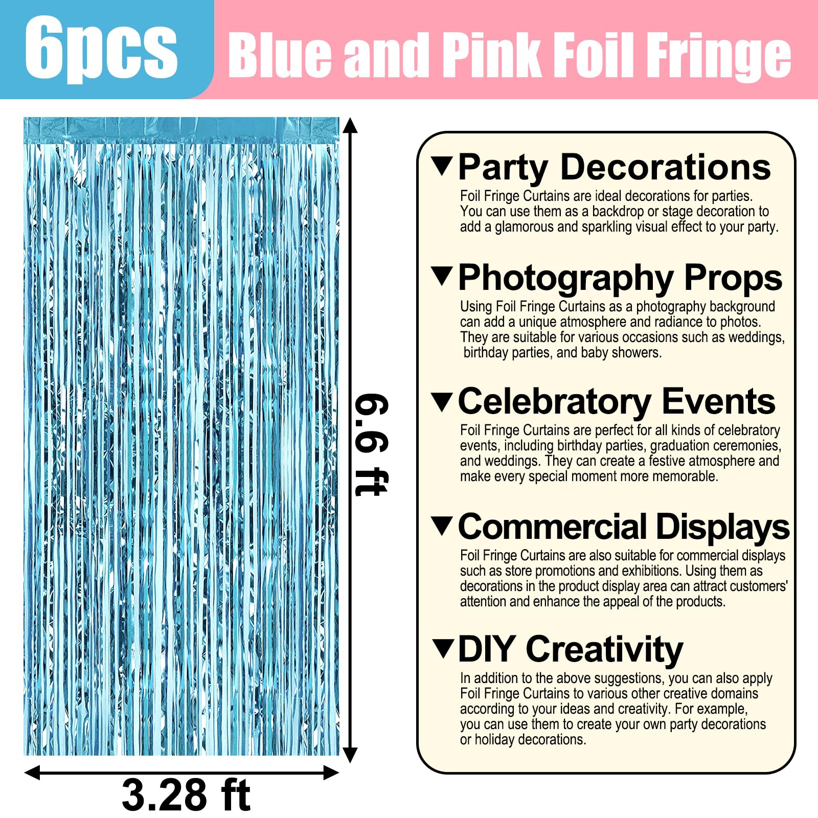 6 Pack Pink Blue Foil Fringe Curtain Backdrop, 3.28Ft X 6.6Ft Metallic Tinsel Foil Fringe Streamer Curtains For Photo Booth, Chr