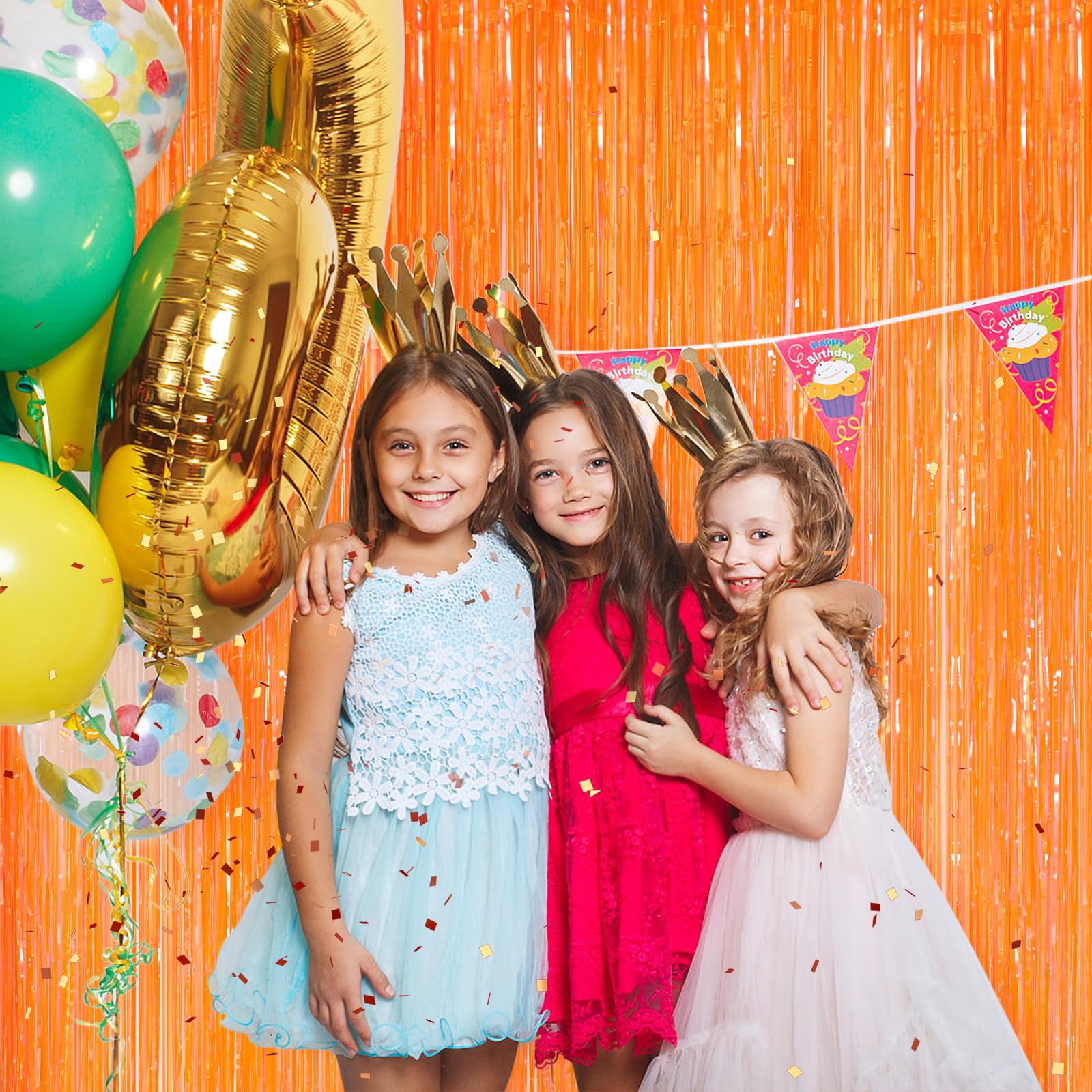 Orange Metallic Tinsel Foil Fringe Curtains, 2 Pack 3.3X8.3 Feet Party Streamer For Birthday Party Decorations, Halloween Decor,