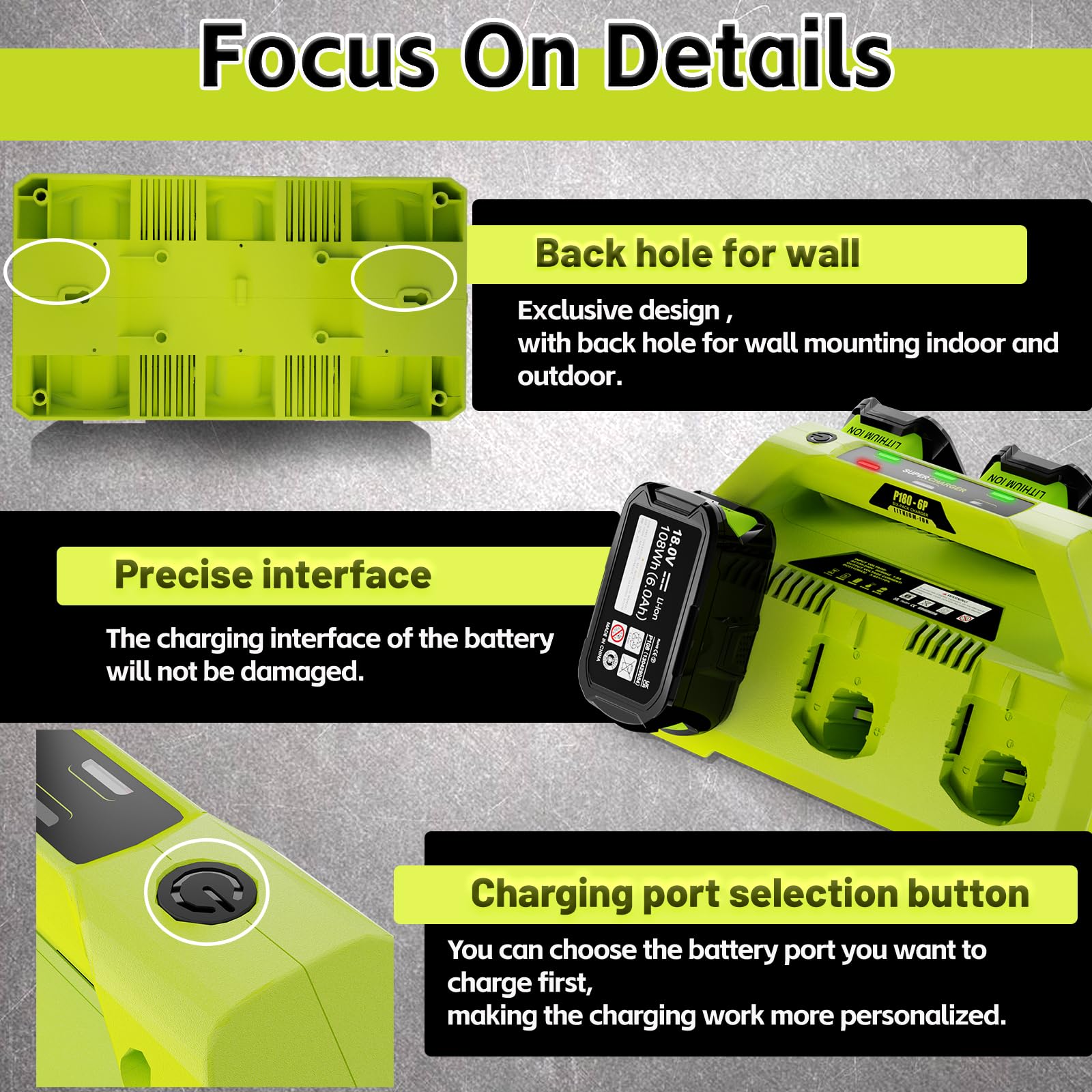 Calihutt ? Wall Hole? Replace 6 Port Chrager For P135 P117 Ryobi 18V Lithium Ion Charger Fast Charge With Power Choose Button,6