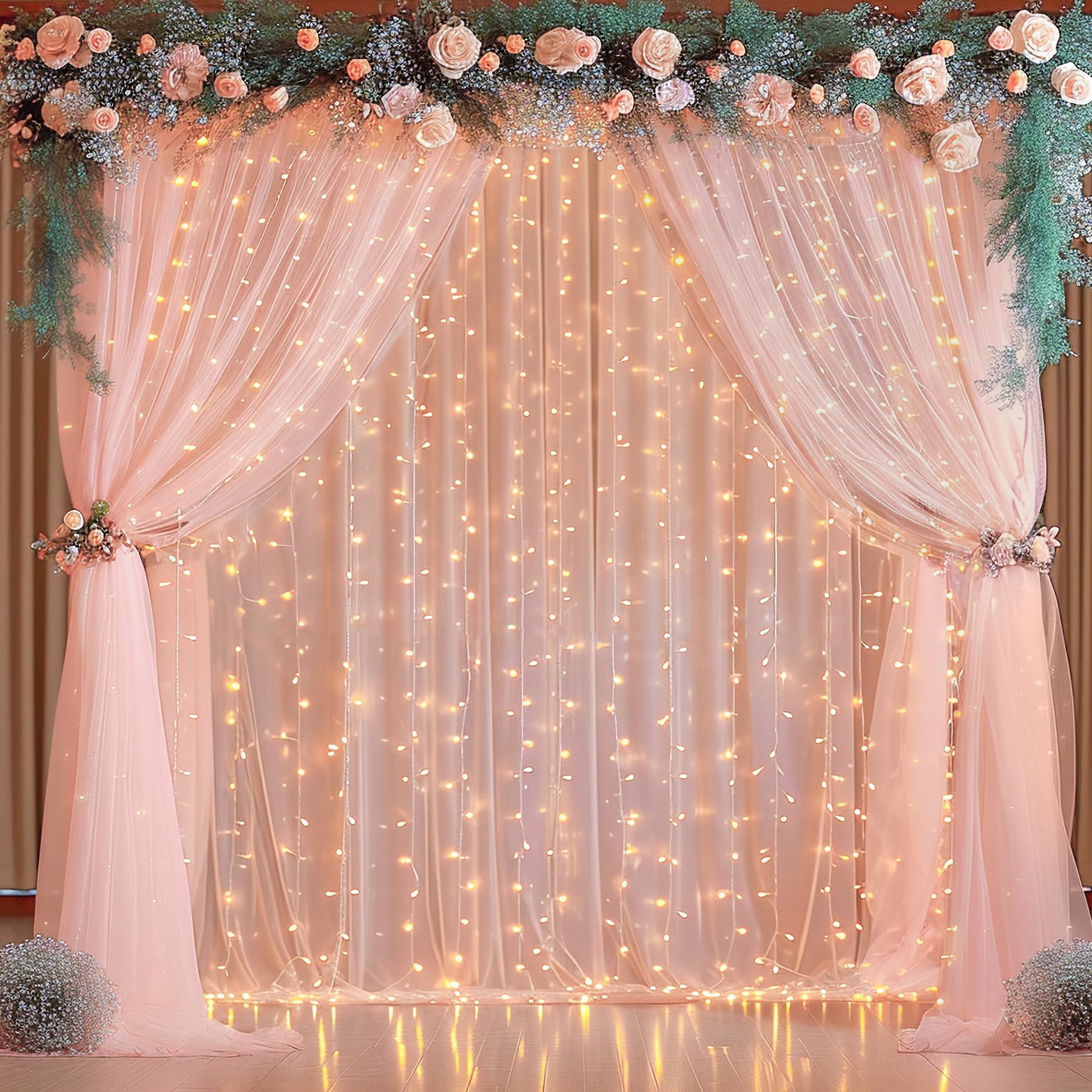 10X10Ft Peach Tulle Backdrop Curtain With Lights String For Parites, Sheer Backdrop Curtains For Wedding Baby Shower Birthday Pa