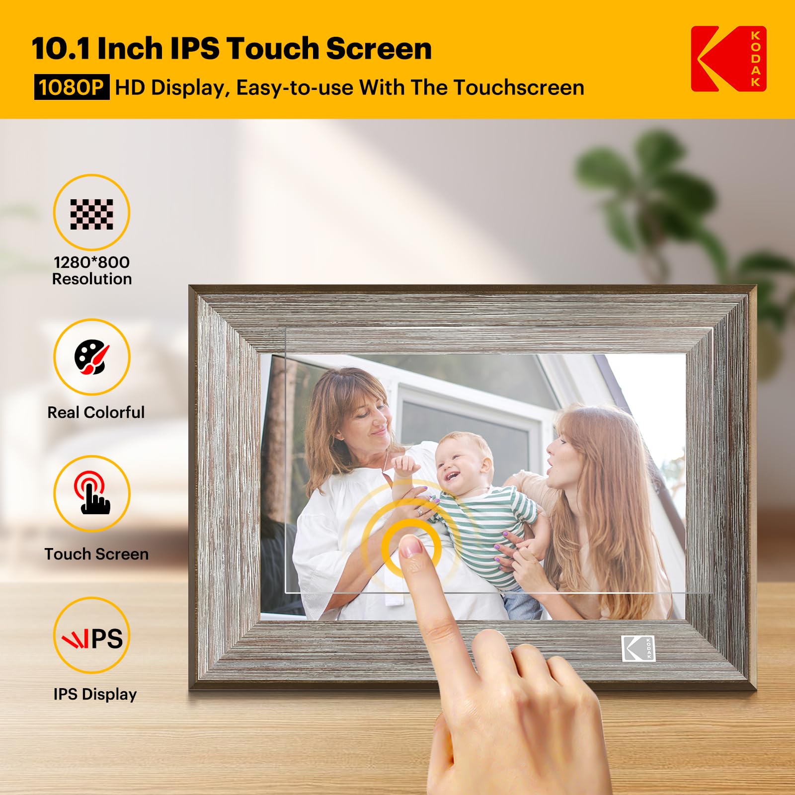 Kodak Wooden Wifi Digital Picture Frame, 32G 10.1 Inch Digital Photo Frame 1280X800 Hd Ips Touch Screen, Auto Rotate, Share Phot