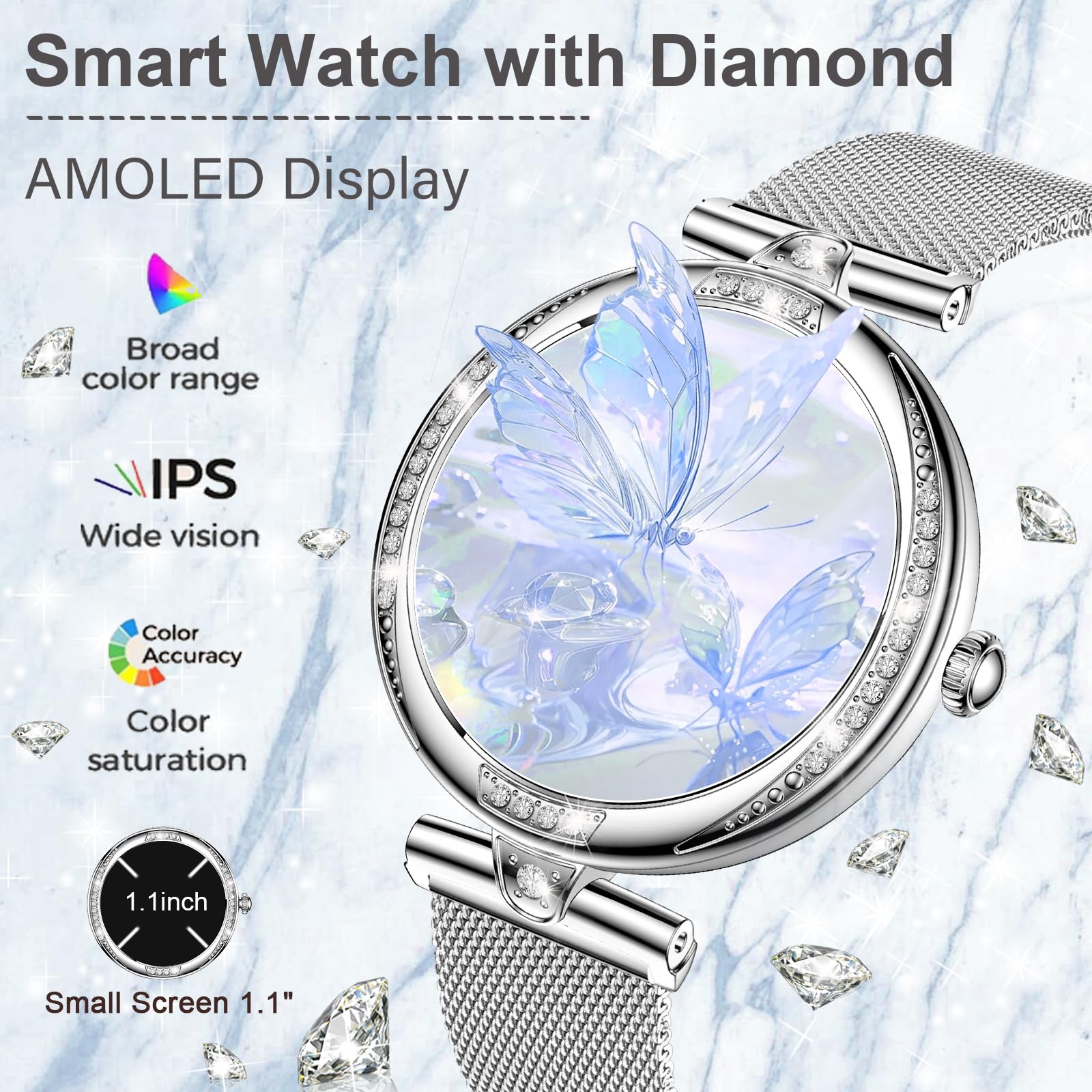 Gadixy Smart Watches For Women(Make/Answer Call) With Diamond:1.1'' Amoled Fitness Tracker For Heart Rate/Blood Pressure/Spo2/Sl