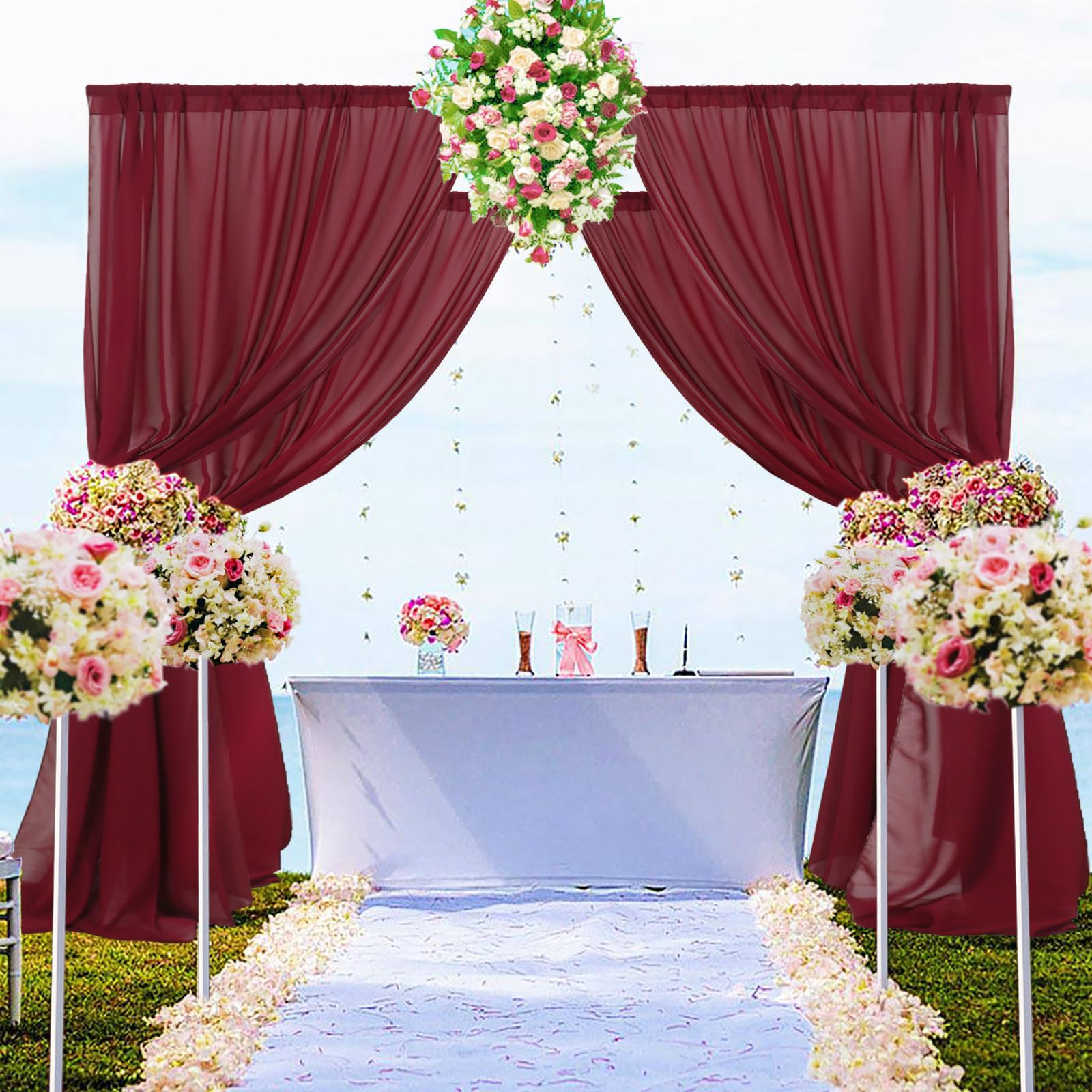 Duobao Burgundy Chiffon Backdrop Curtain 29X108 Inch 2 Panels Sheer Backdrop Semi Sheer Backdrop Curtains 108 Inches Long Burgun