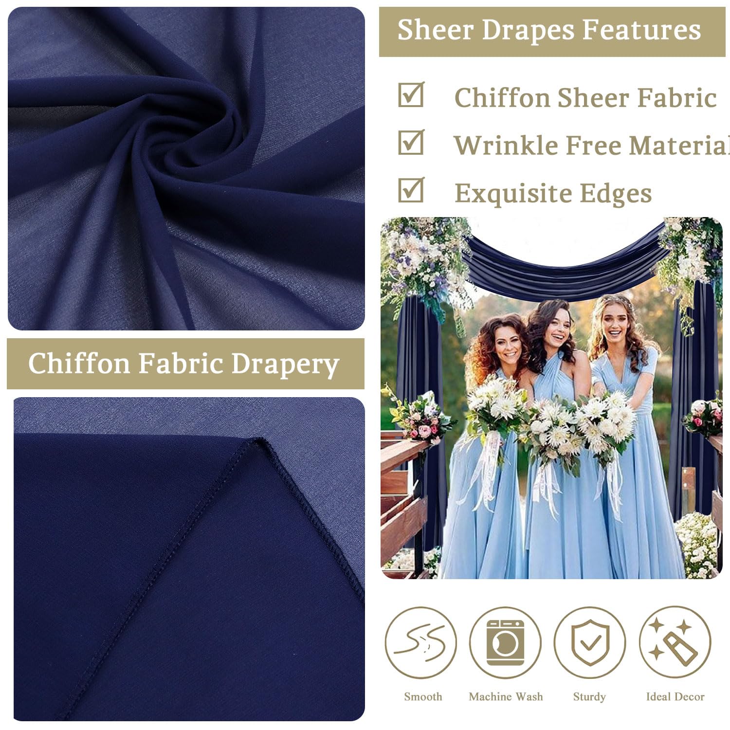 Wedding Arch Draping Fabric Chiffon Fabric Navy Blue Drapery 2 Panels 6 Yards Sheer Ceiling Drapes Chiffon Backdrop Curtains For
